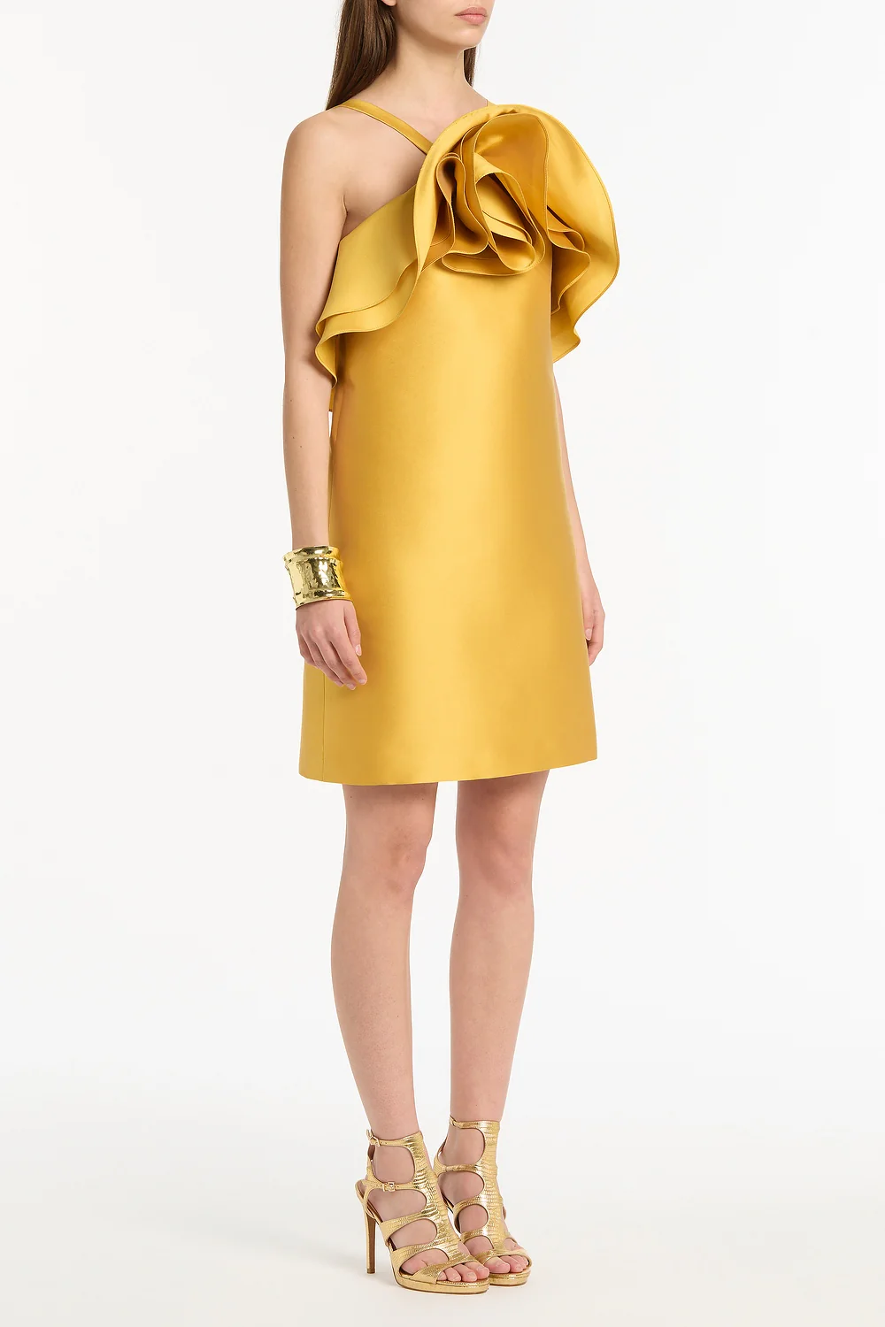 GOLDEN MATTE SATEEN SCULPTURAL FLOWER MINI DRESS - Image 2
