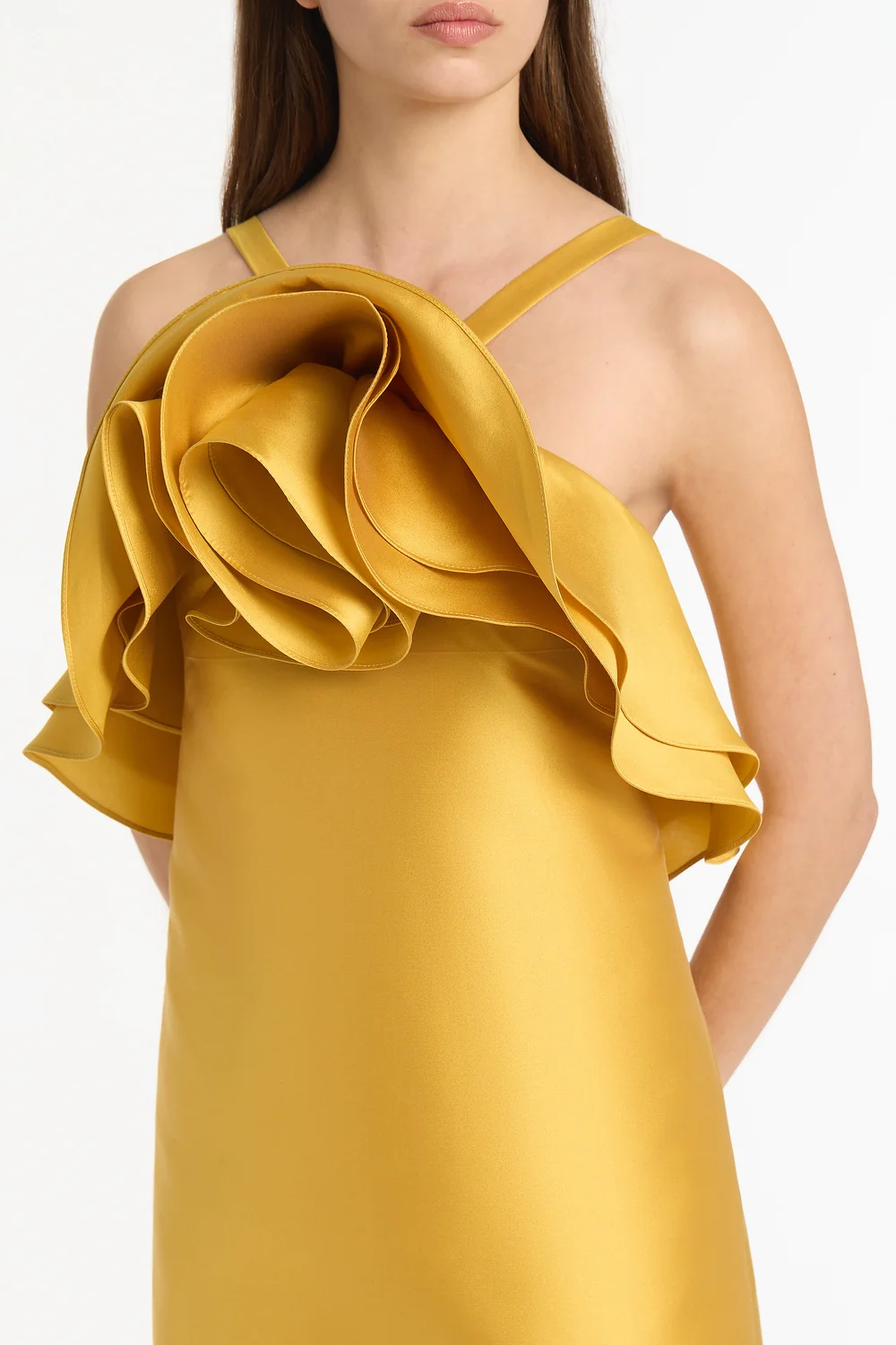 GOLDEN MATTE SATEEN SCULPTURAL FLOWER MINI DRESS - Image 4