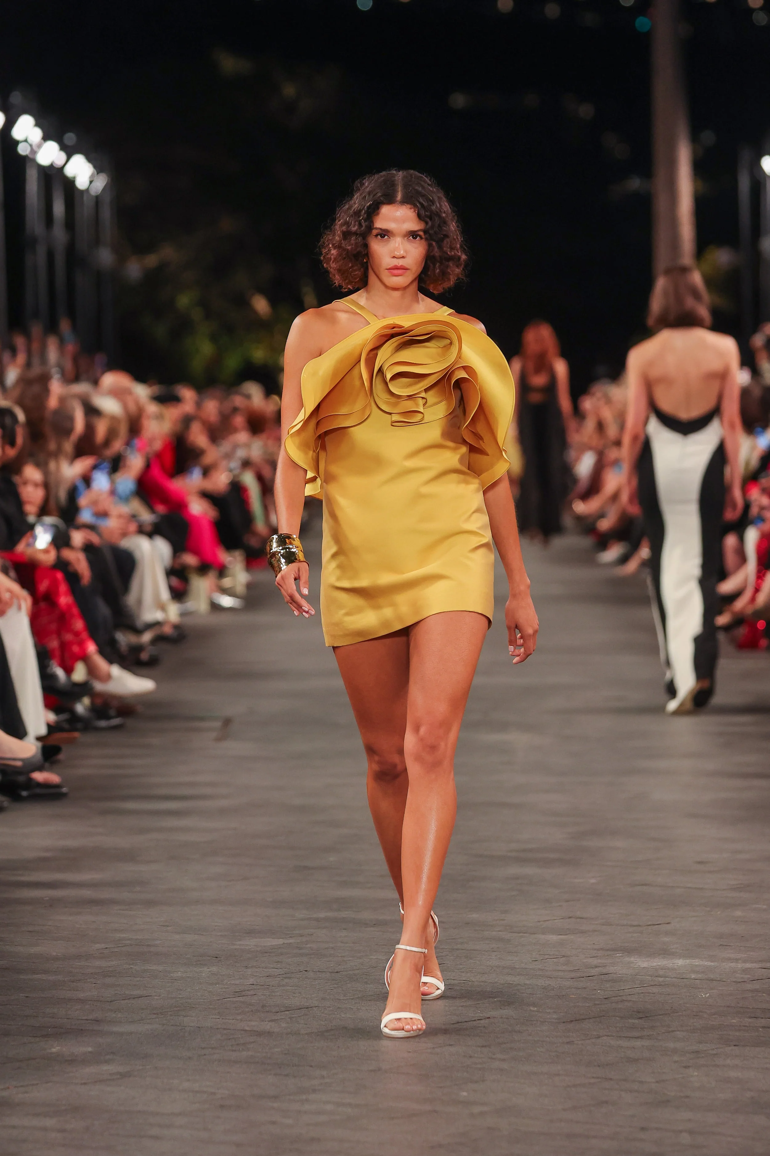 GOLDEN MATTE SATEEN SCULPTURAL FLOWER MINI DRESS - Image 6