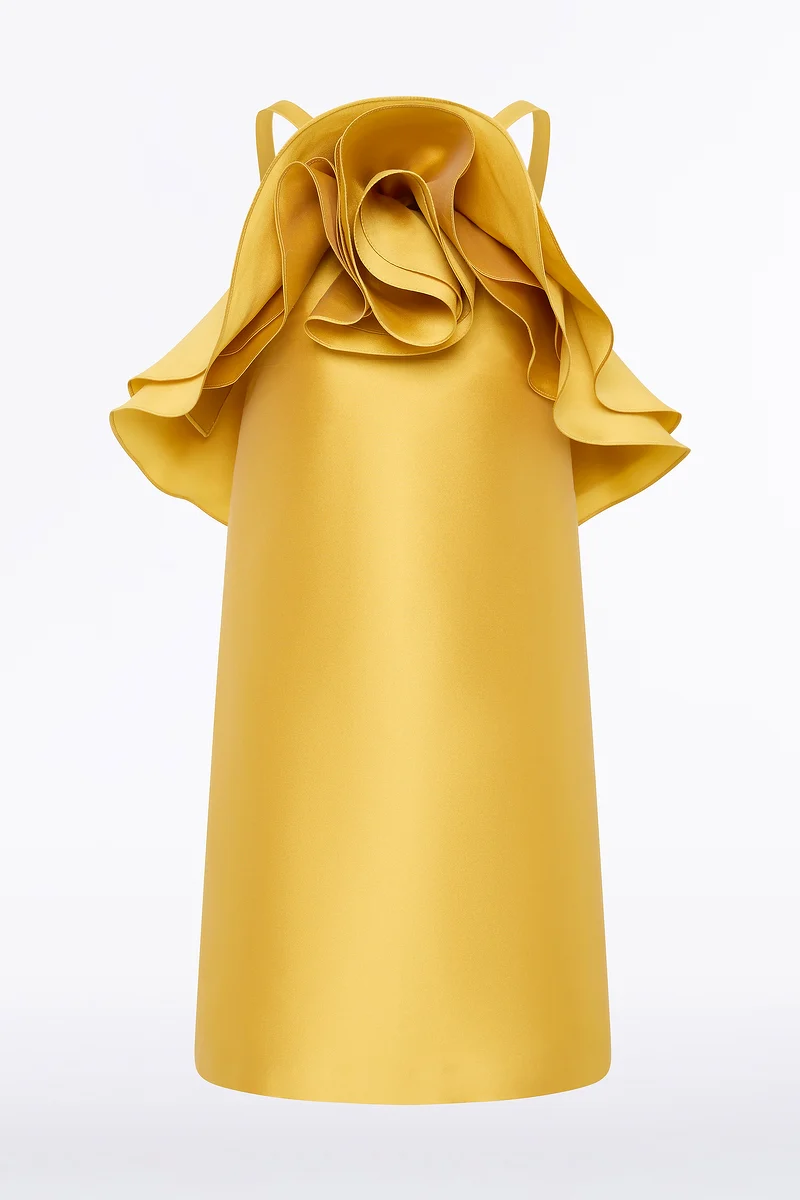 GOLDEN MATTE SATEEN SCULPTURAL FLOWER MINI DRESS - Image 7