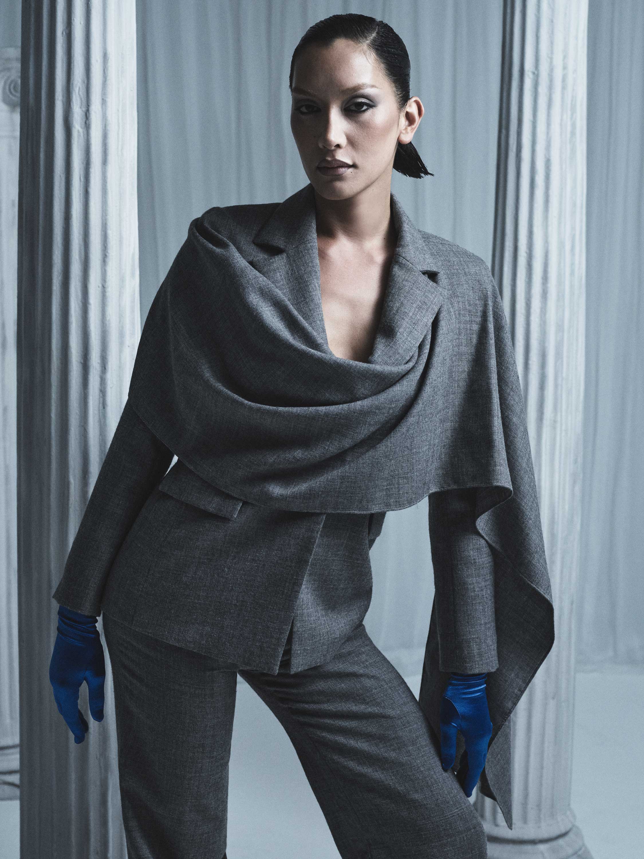 GREY MELANGE WOOL SUITING SCARF JACKET - Image 6