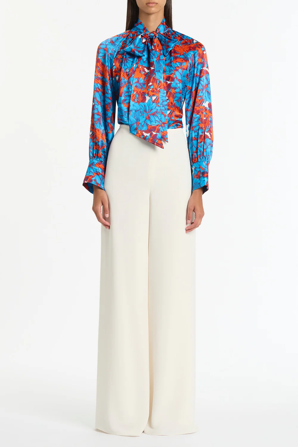 IMPASTO PRINT SILK TIE NECK BLOUSE
