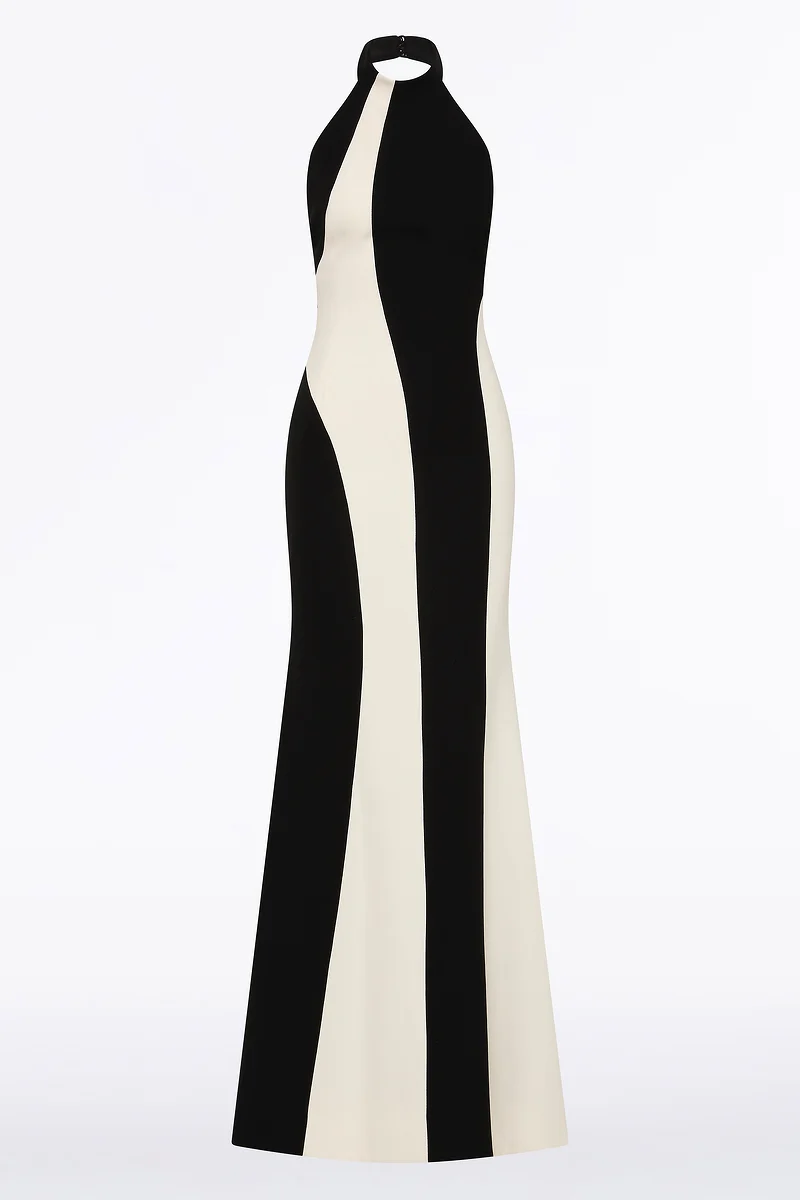 IVORY AND BLACK CREPE PANEL GOWN - Image 8