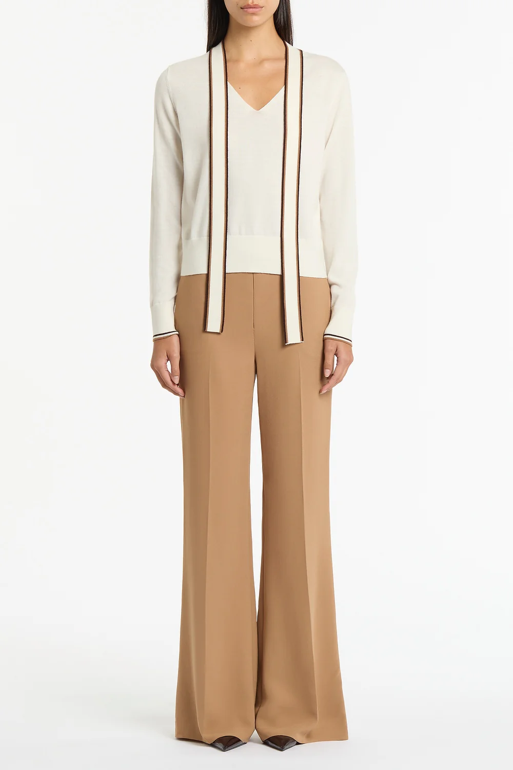 IVORY MERINO TIPPED TIE NECK KNIT TOP
