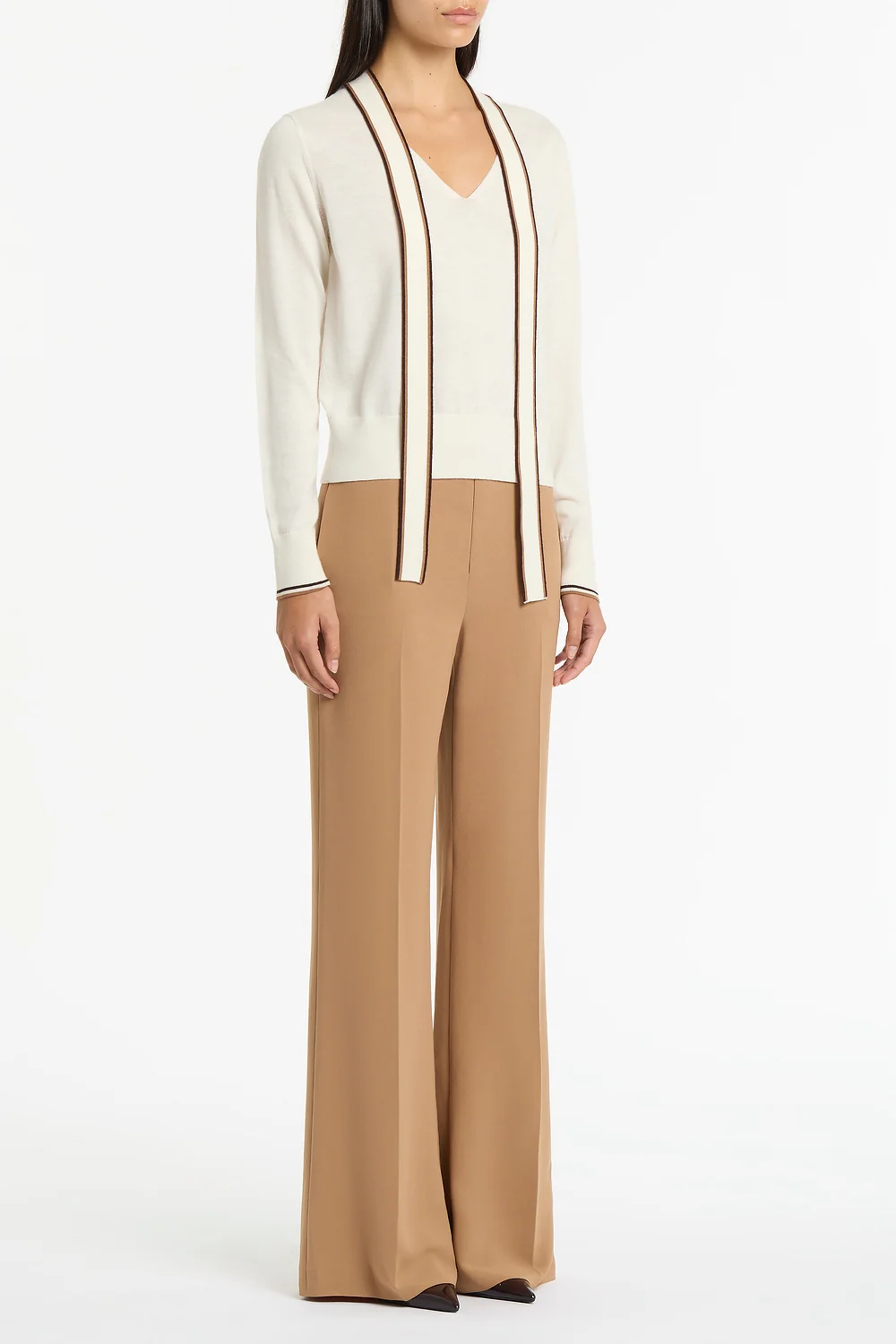 IVORY MERINO TIPPED TIE NECK KNIT TOP - Image 2