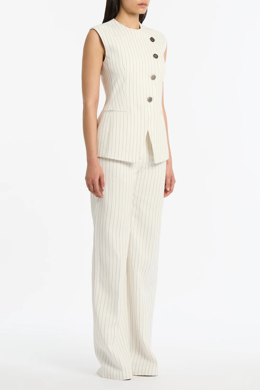 IVORY PINSTRIPE LINEN ASYMMETRIC VEST - Image 2