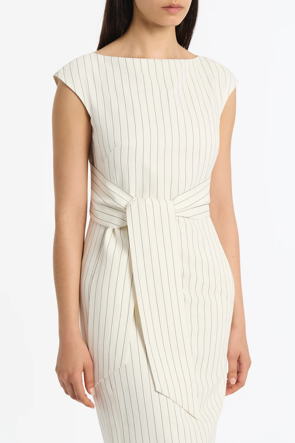 IVORY PINSTRIPE LINEN TIE WAIST MIDI DRESS - Image 4