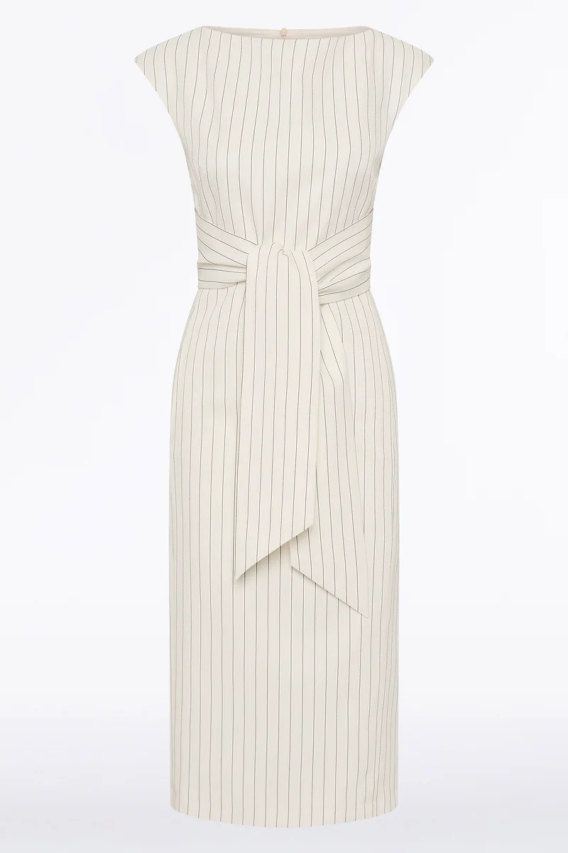 IVORY PINSTRIPE LINEN TIE WAIST MIDI DRESS - Image 5