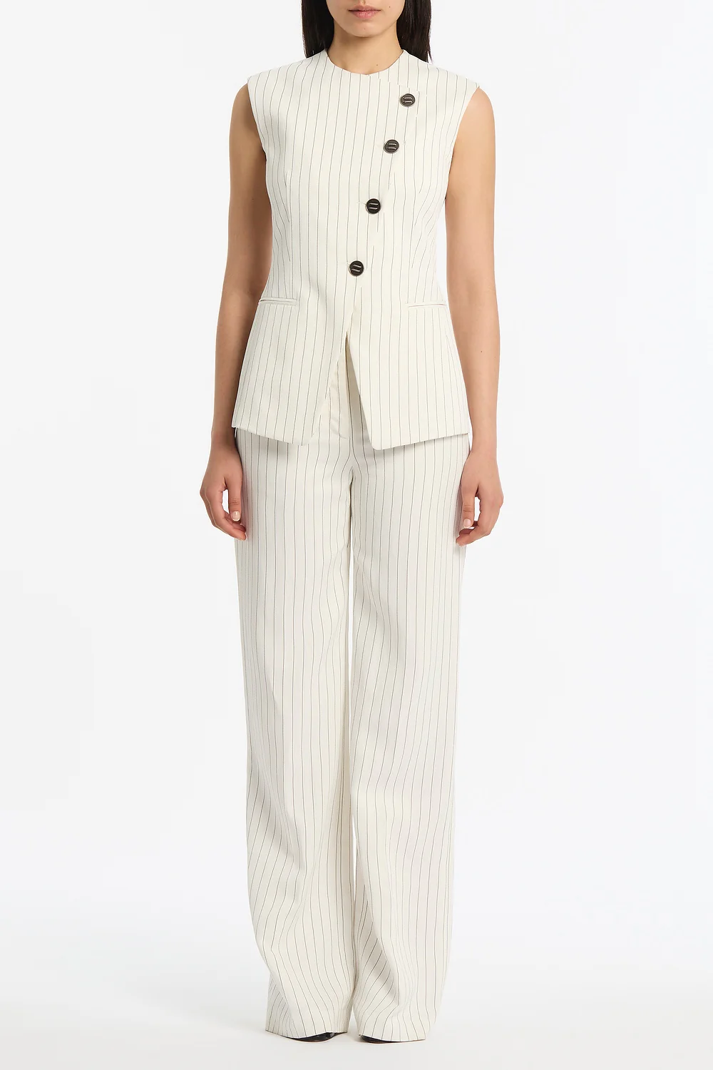 IVORY PINSTRIPE LINEN WIDE LEG PANT - Image 4