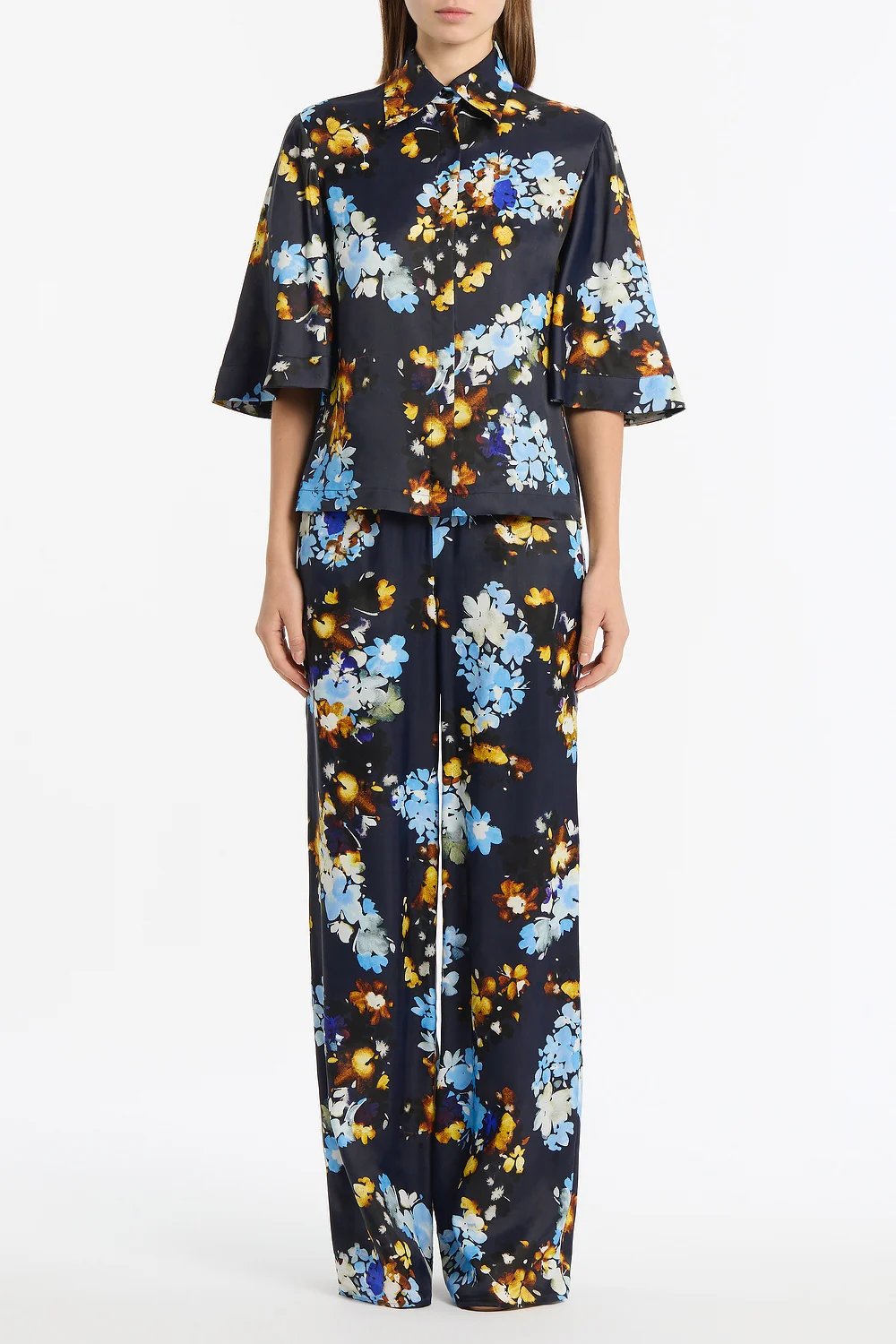 MIDNIGHT BOTANICA VISCOSE TWILL FLUTED SLEEVE SHIRT