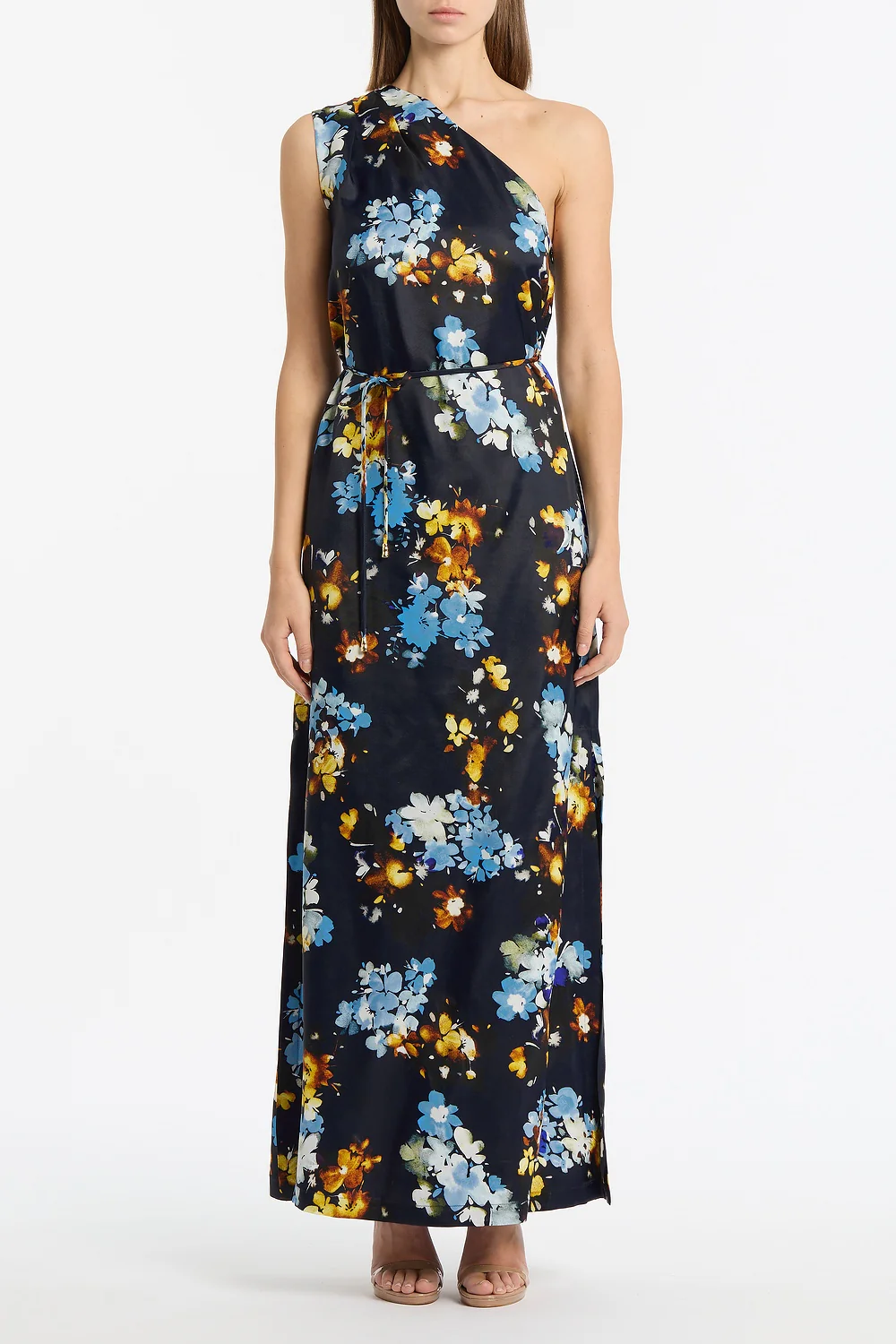 MIDNIGHT BOTANICA VISCOSE TWILL ONE SHOULDER DRESS