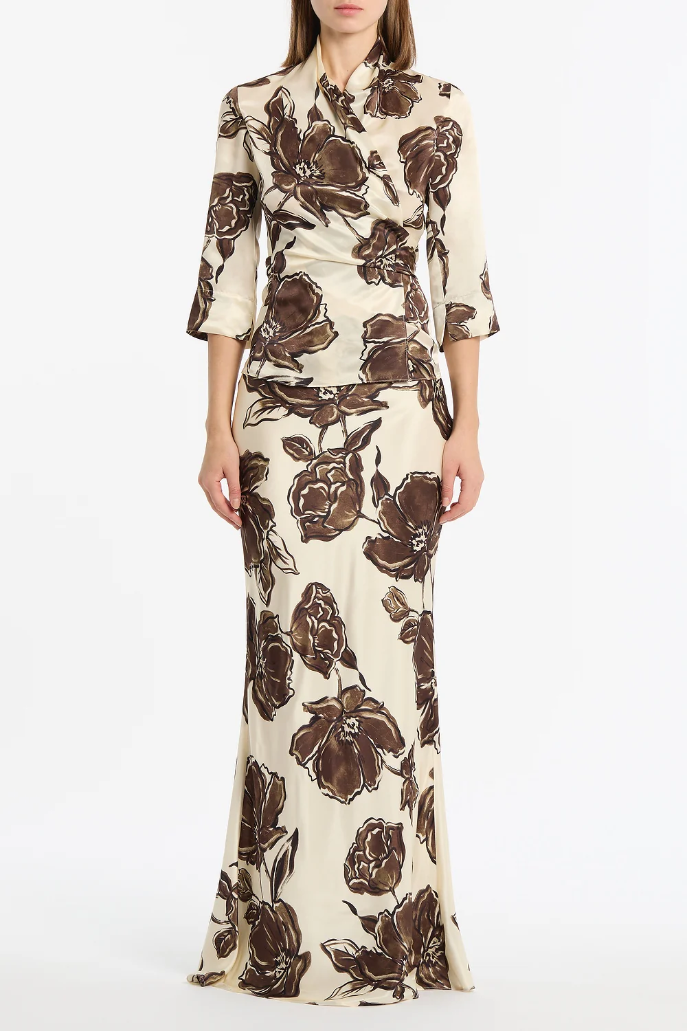 MOCHA BOUQUET SILK VISCOSE WRAP TOP
