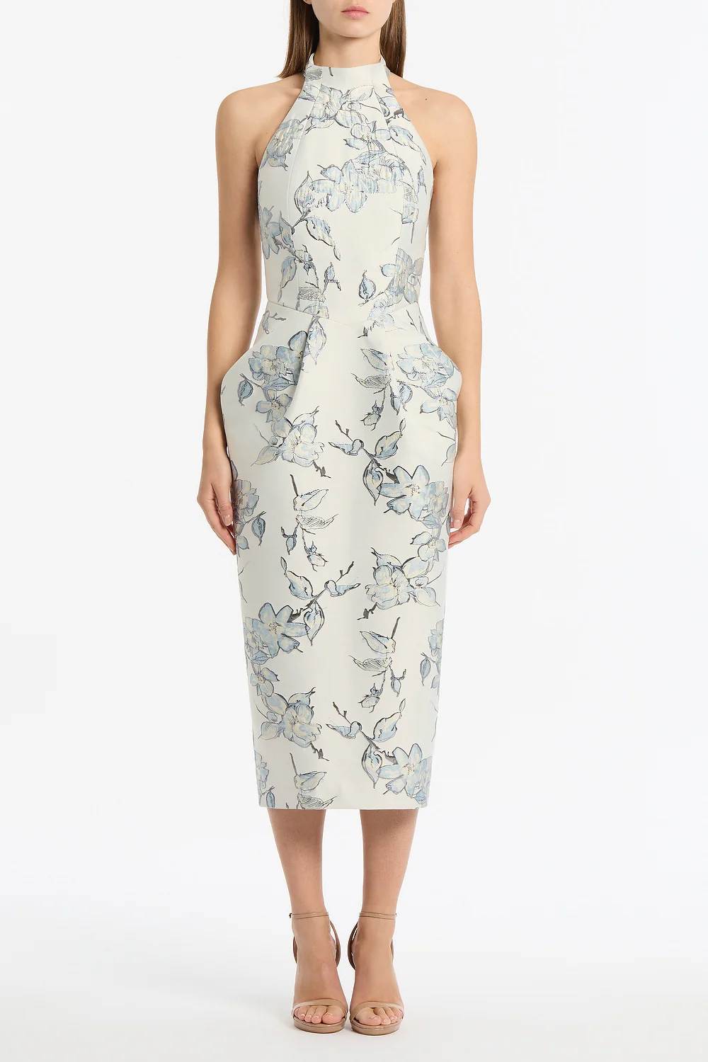 MURANO BROCADE HALTER NECK MIDI DRESS