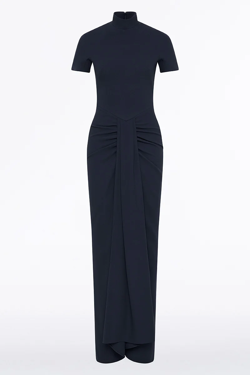 NAVY CREPE FITTED WATERFALL GOWN - Image 4