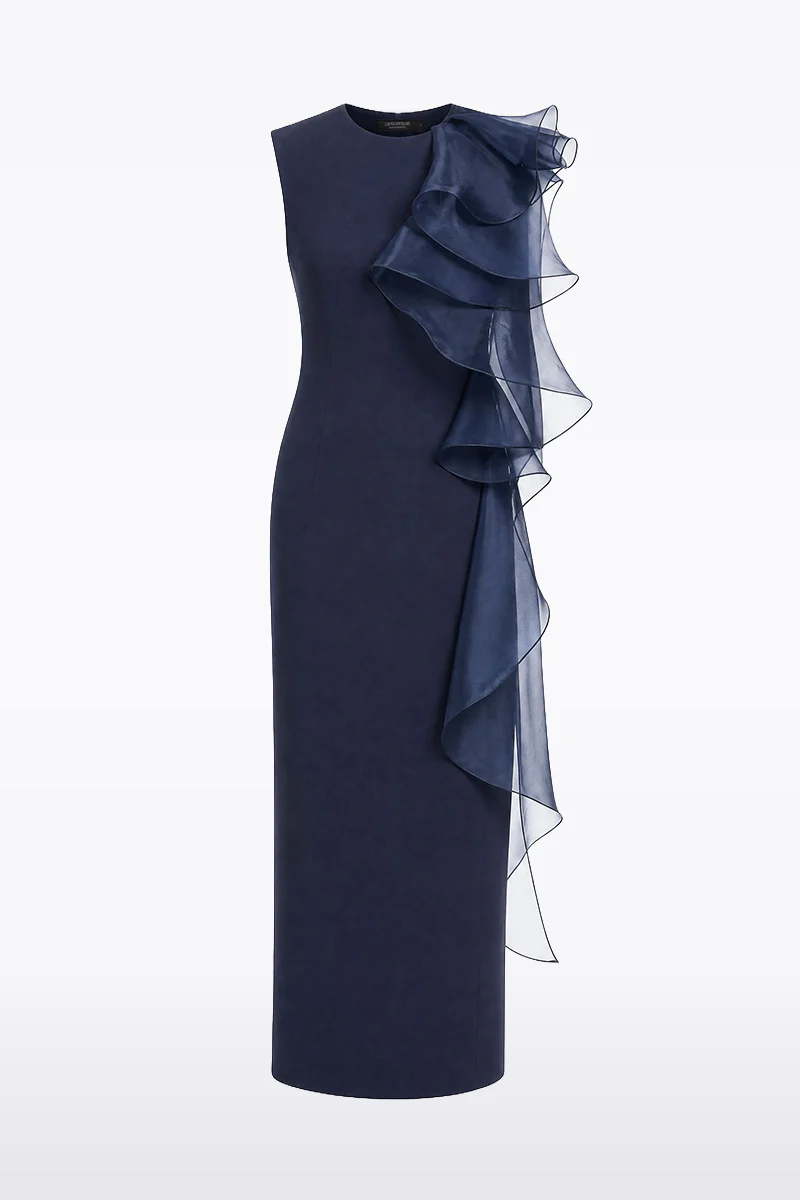 NAVY CREPE RUFFLE SHOULDER GOWN - Image 5