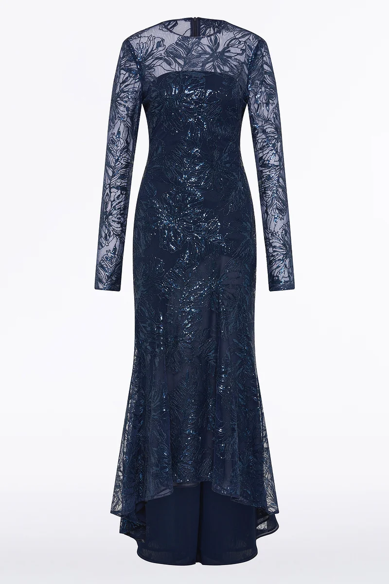NAVY FLORAL MESH LONG SLEEVE GOWN - Image 5