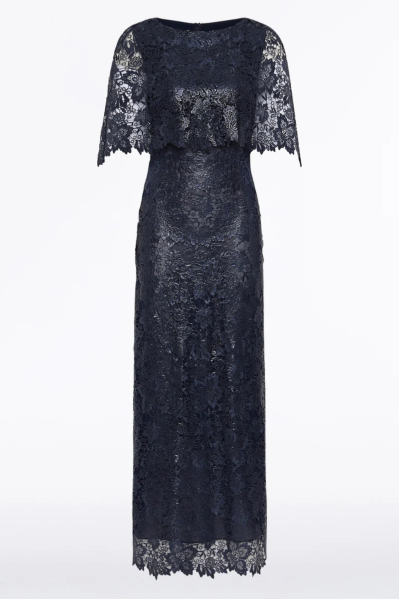 NAVY FOILED LACE CAPE GOWN - Image 6