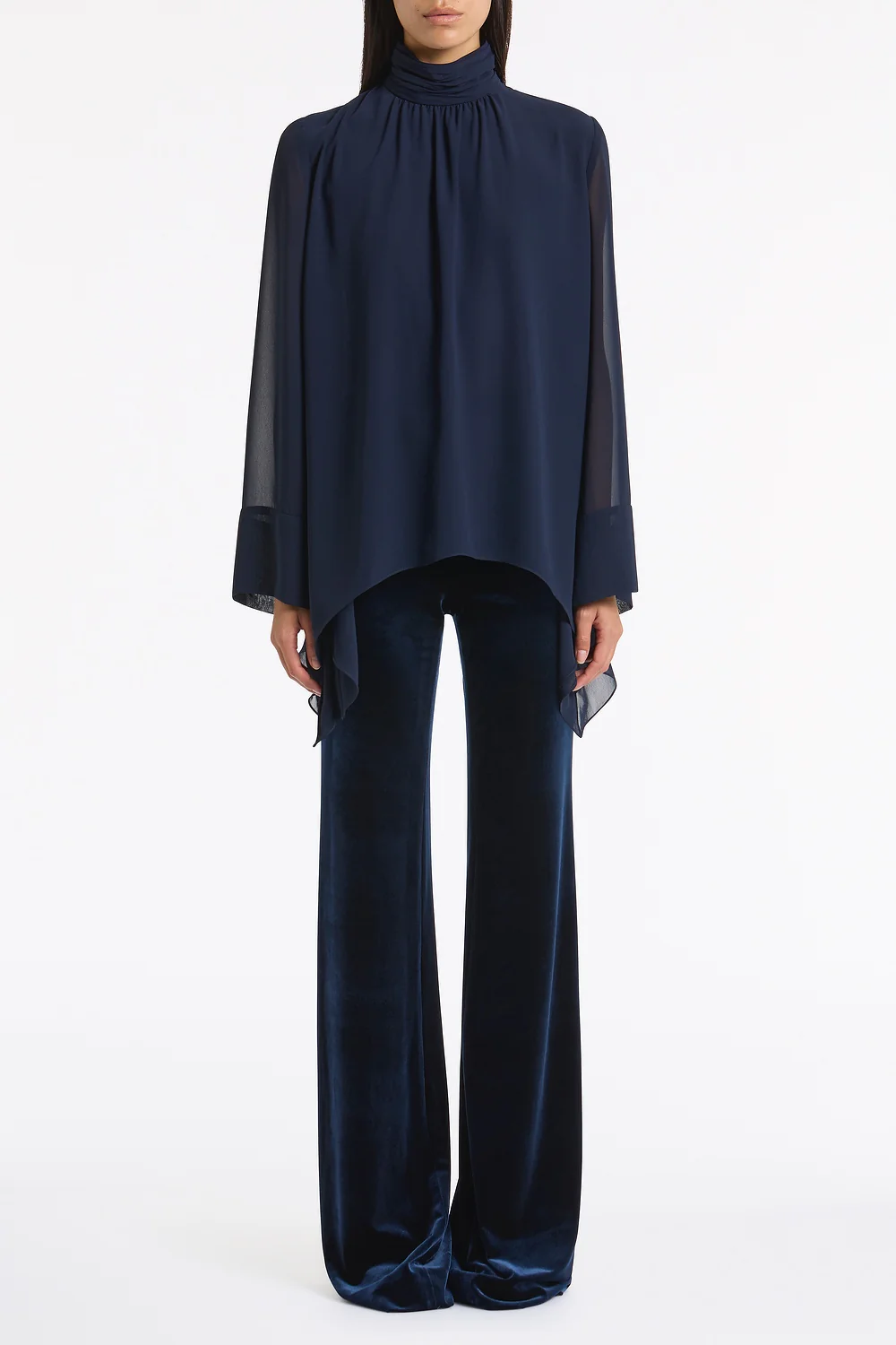NAVY GEORGETTE PEAKED HEM TOP