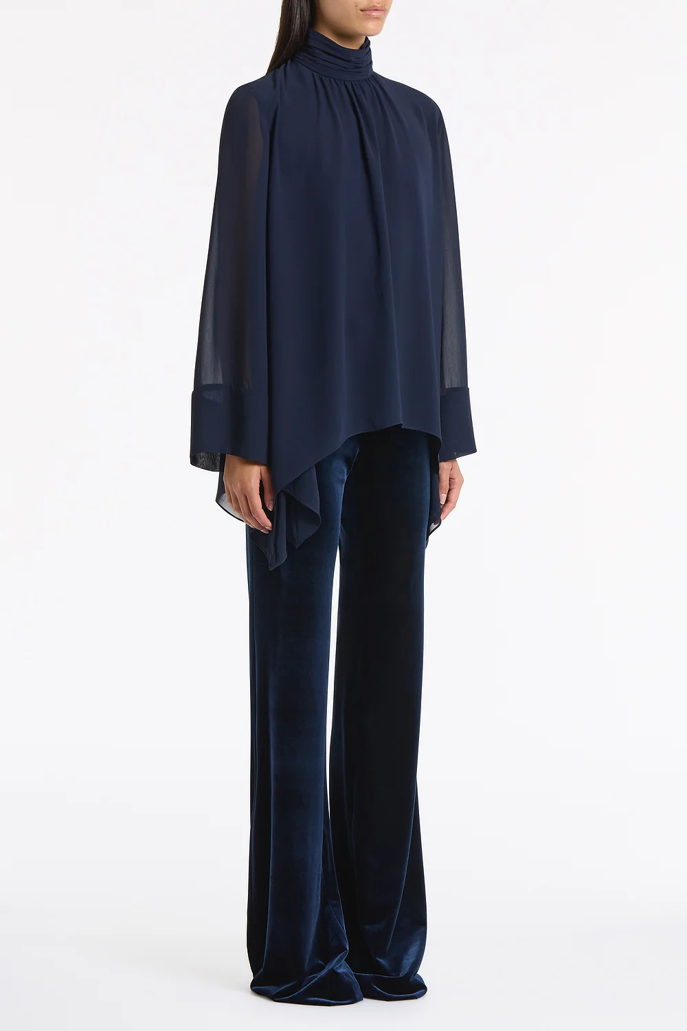 NAVY GEORGETTE PEAKED HEM TOP - Image 2