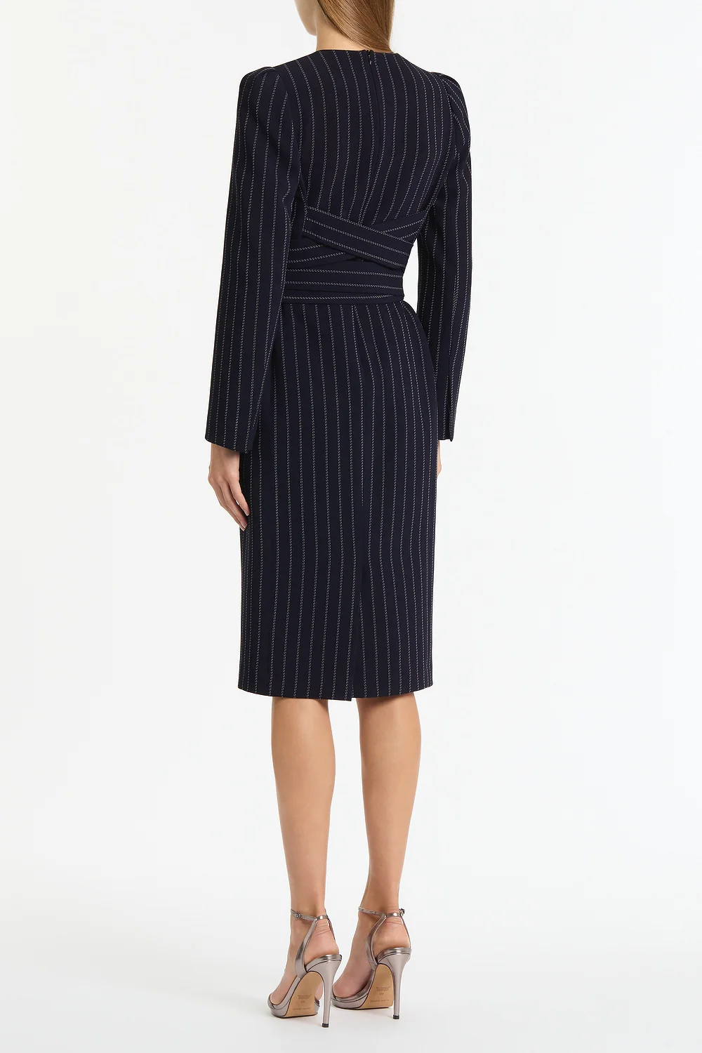 NAVY PINSTRIPE SPLIT SLEEVE MIDI DRESS - Image 2