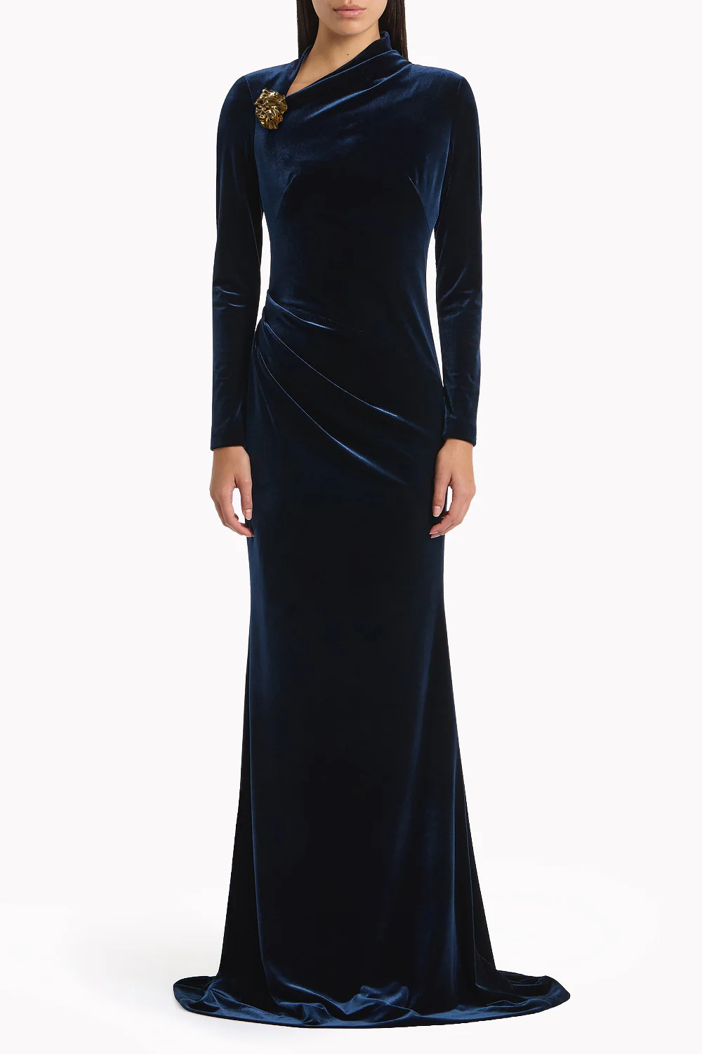 NAVY VELVET ASYMMETRIC NECK DETAIL GOWN
