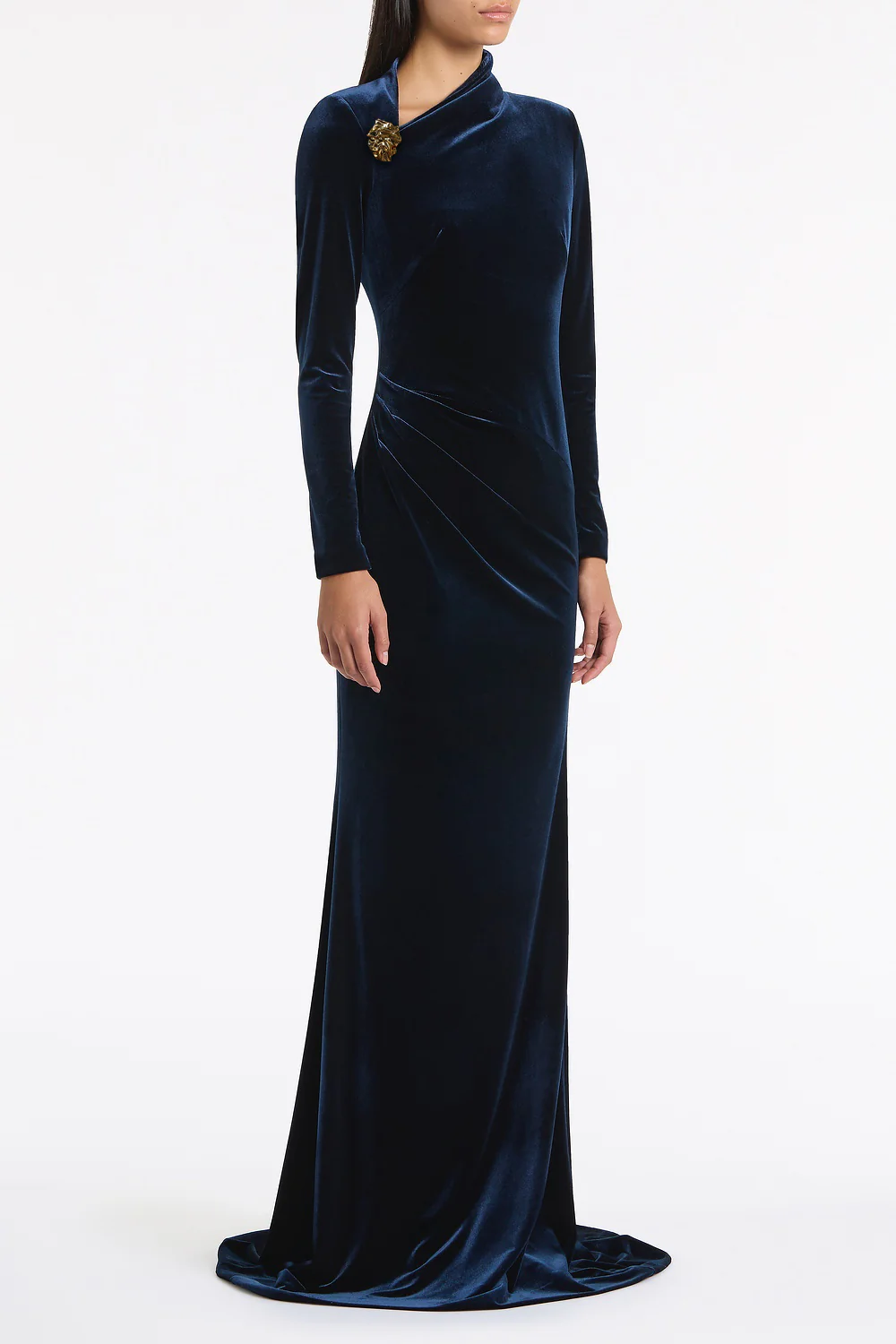 NAVY VELVET ASYMMETRIC NECK DETAIL GOWN - Image 2