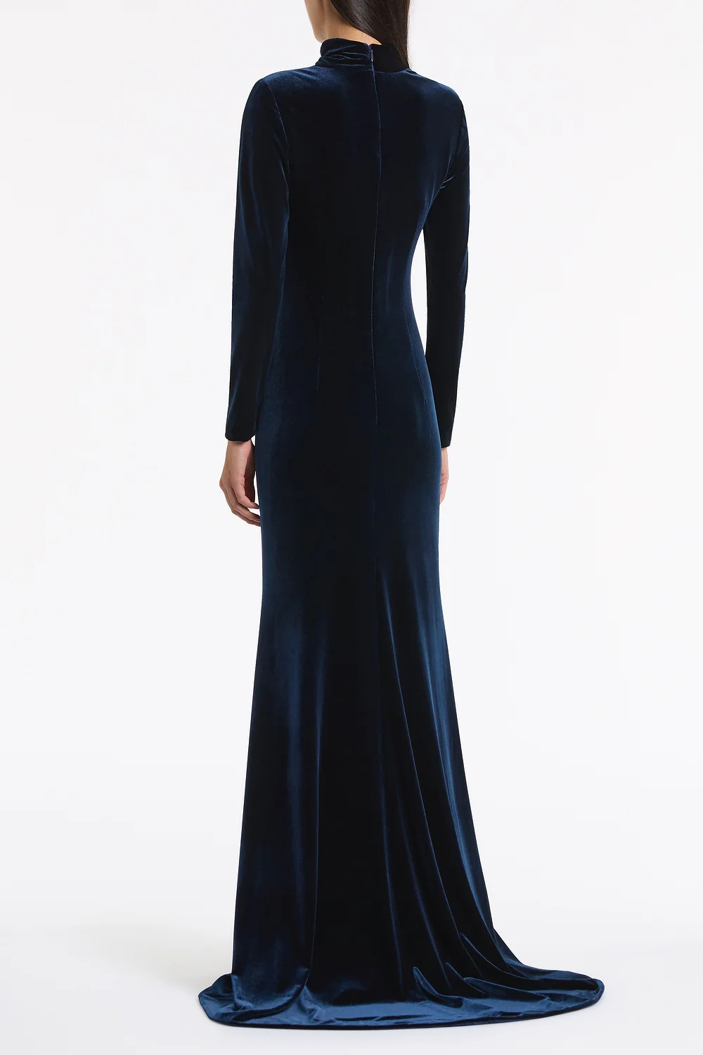 NAVY VELVET ASYMMETRIC NECK DETAIL GOWN - Image 3
