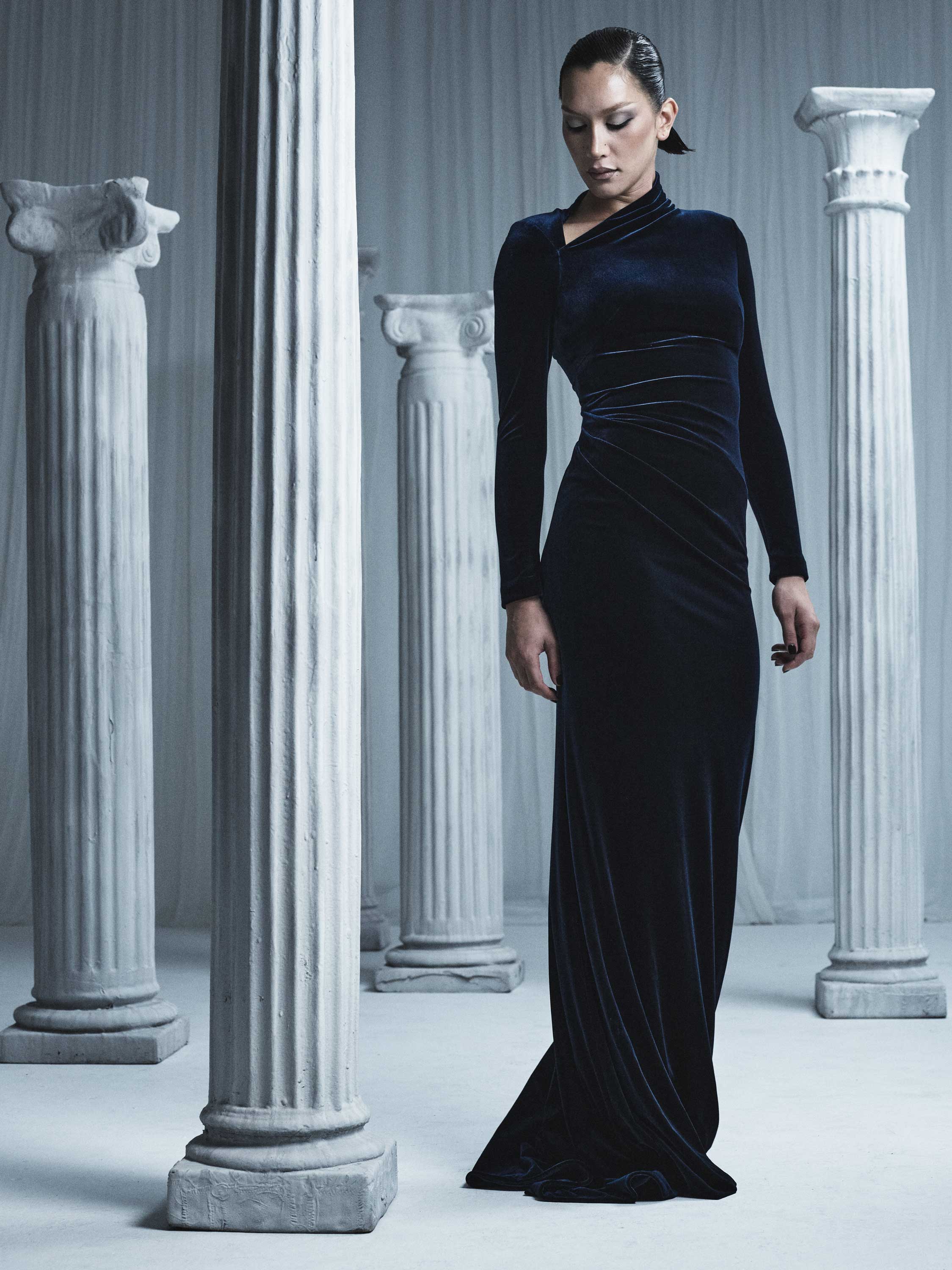 NAVY VELVET ASYMMETRIC NECK DETAIL GOWN - Image 5