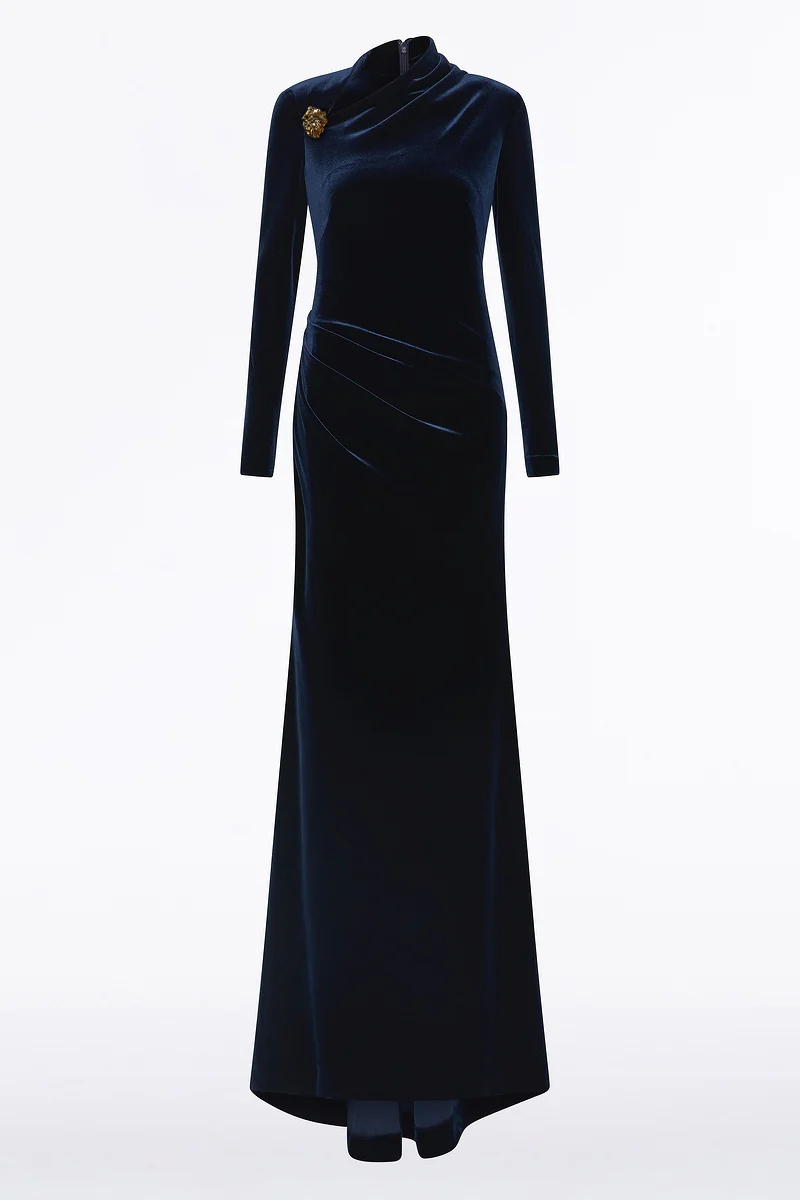 NAVY VELVET ASYMMETRIC NECK DETAIL GOWN - Image 6