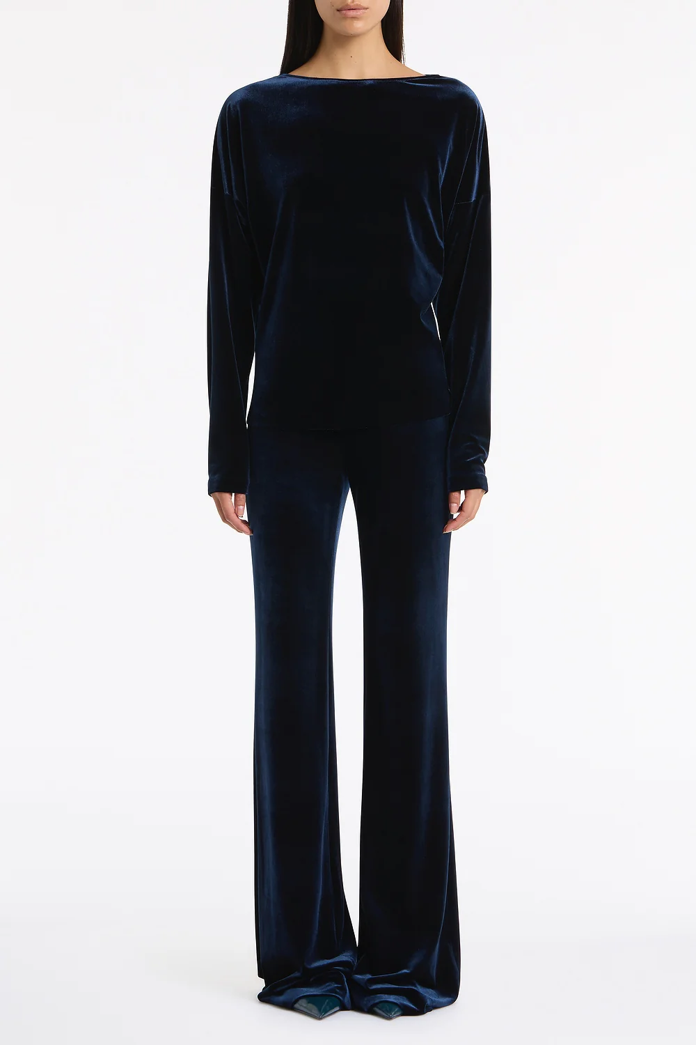NAVY VELVET DROP SHOULDER TOP