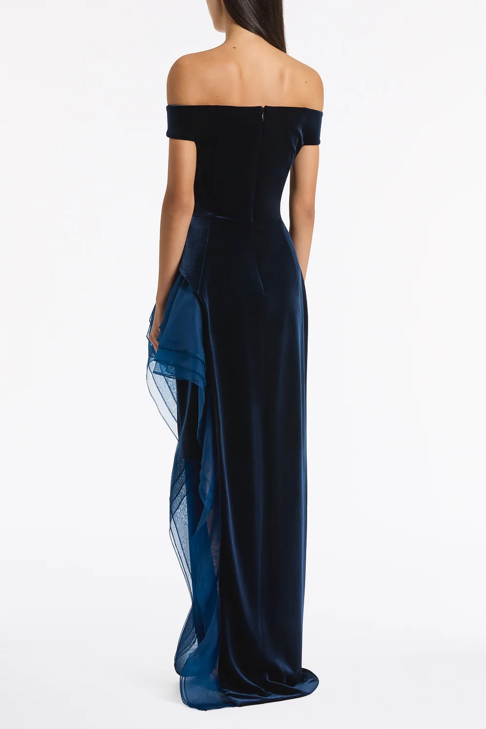 NAVY VELVET ORGANZA DETAIL GOWN - Image 3