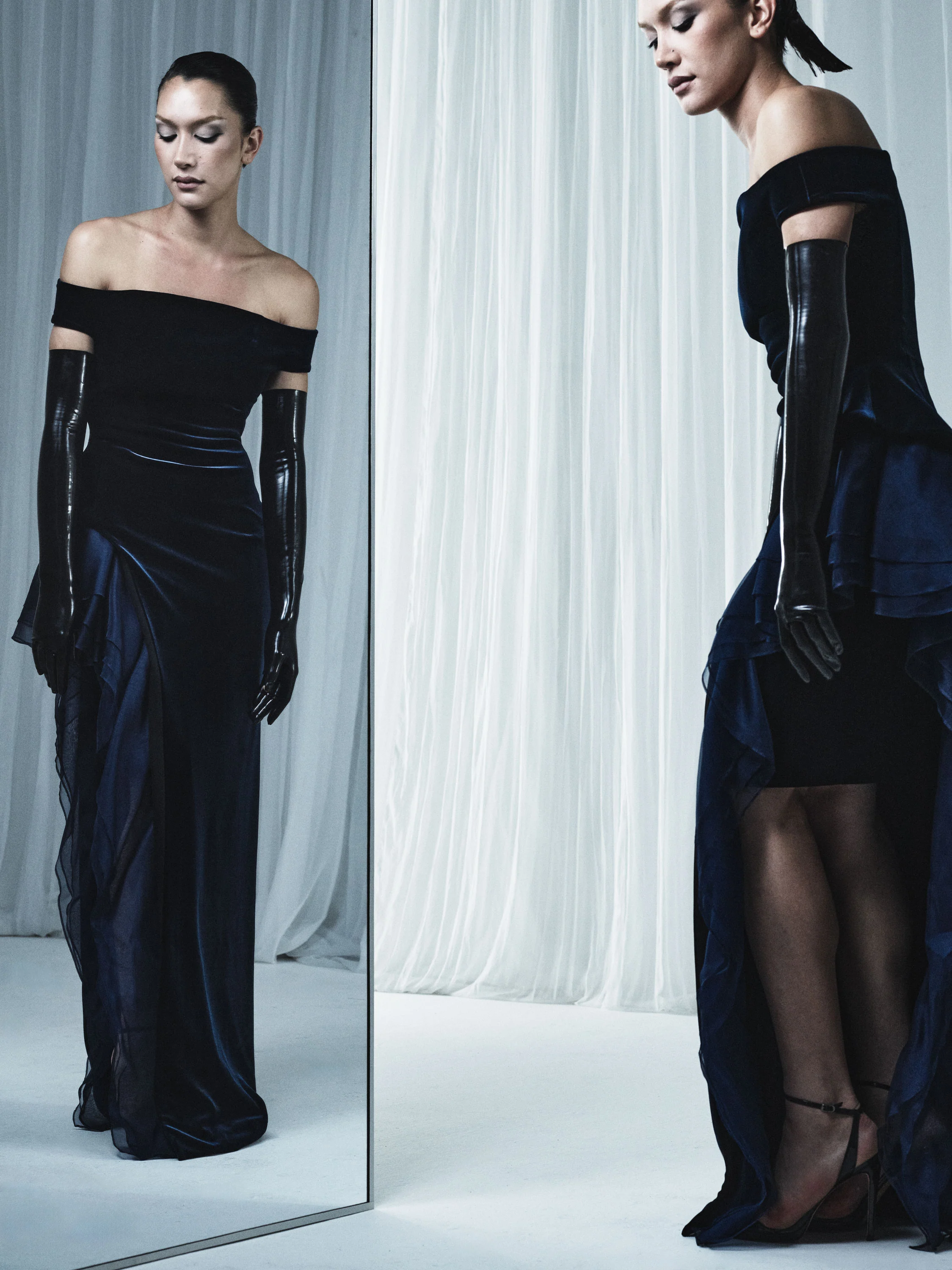 NAVY VELVET ORGANZA DETAIL GOWN - Image 6