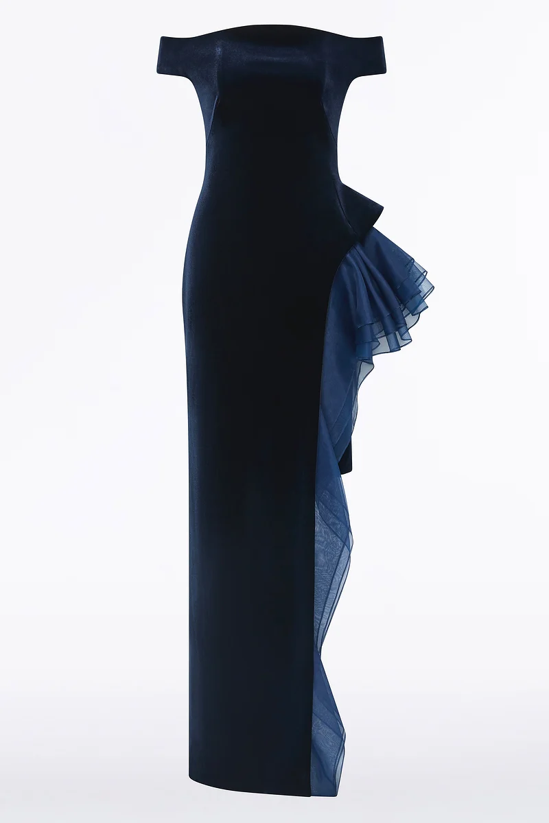 NAVY VELVET ORGANZA DETAIL GOWN - Image 7
