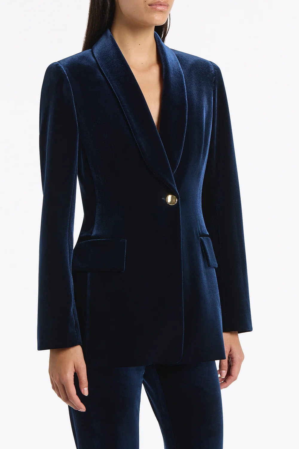 NAVY VELVET SHAWL COLLAR JACKET - Image 4