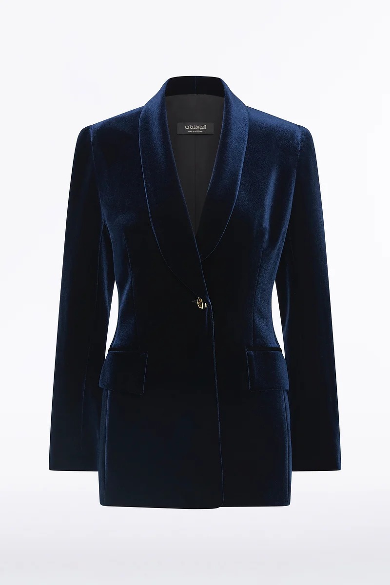 NAVY VELVET SHAWL COLLAR JACKET - Image 5