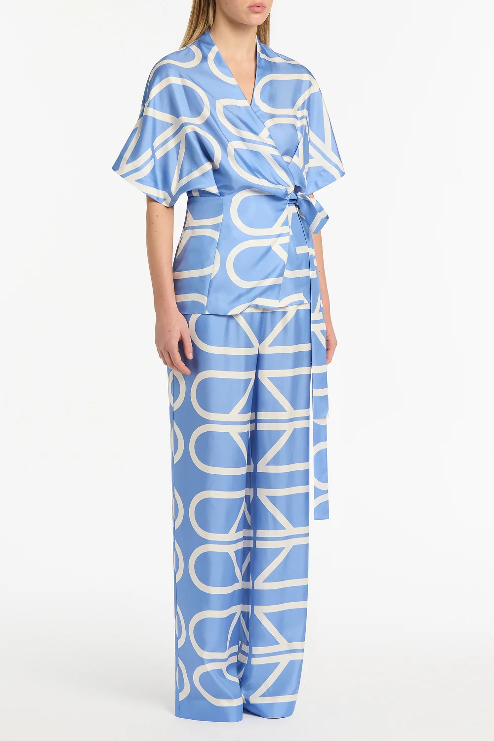 PACIFIC BLUE AND IVORY GRID SILK TWILL ELASTIC PANT - Image 2
