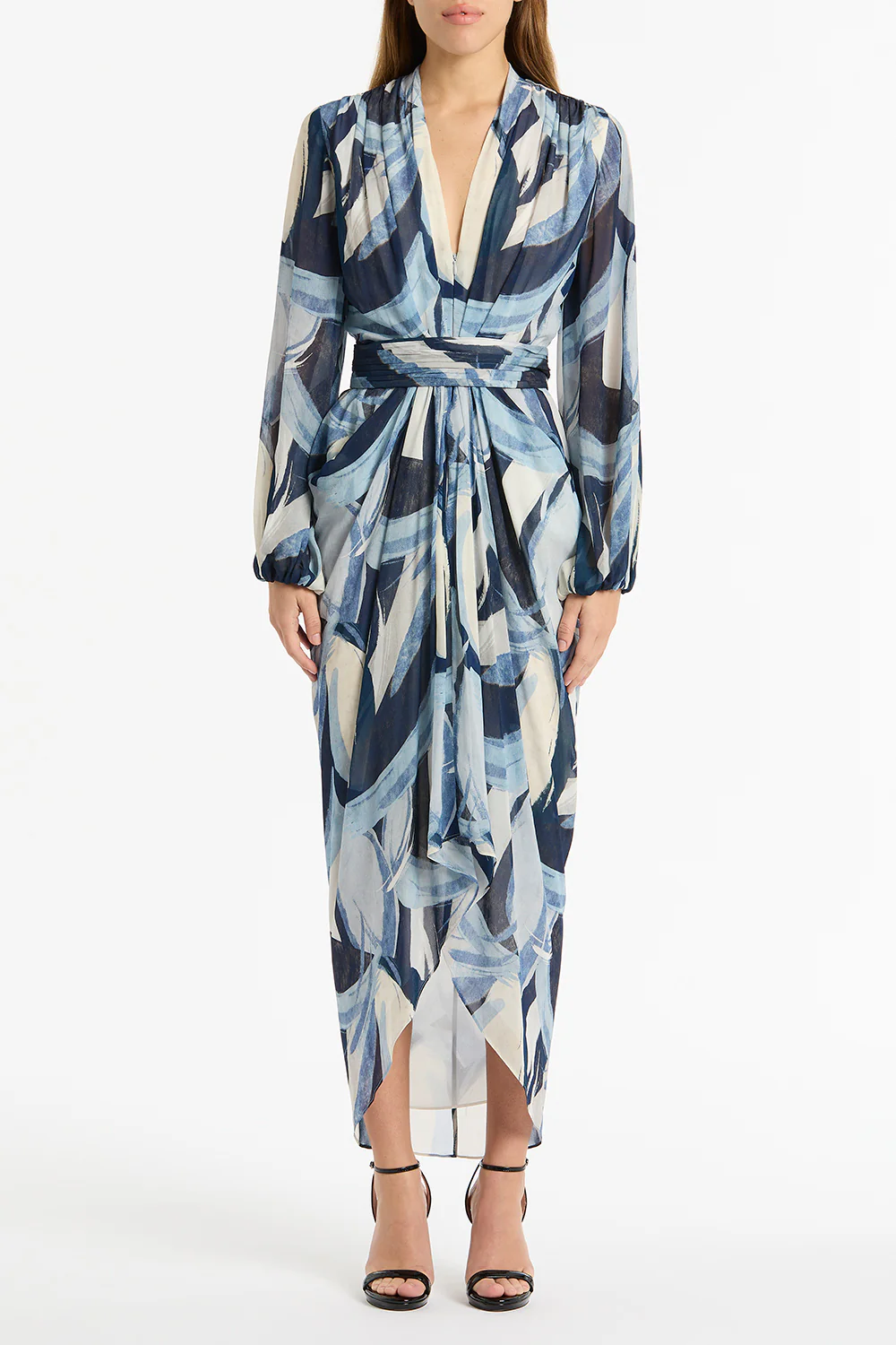 PAINTED FLORAL GEORGETTE WATERFALL DRESS