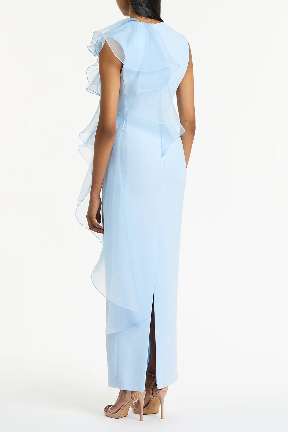 PALE BLUE CREPE RUFFLE SHOULDER GOWN - Image 2