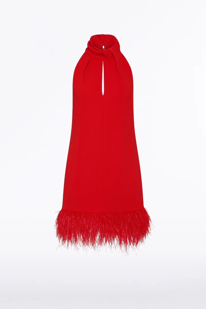 RED CREPE FEATHER MINI DRESS - Image 5