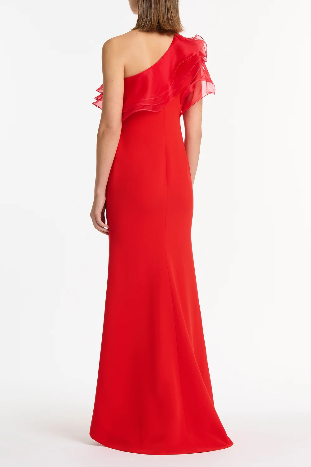 RED CREPE ONE SHOULDER ORGANZA RUFFLE GOWN - Image 3