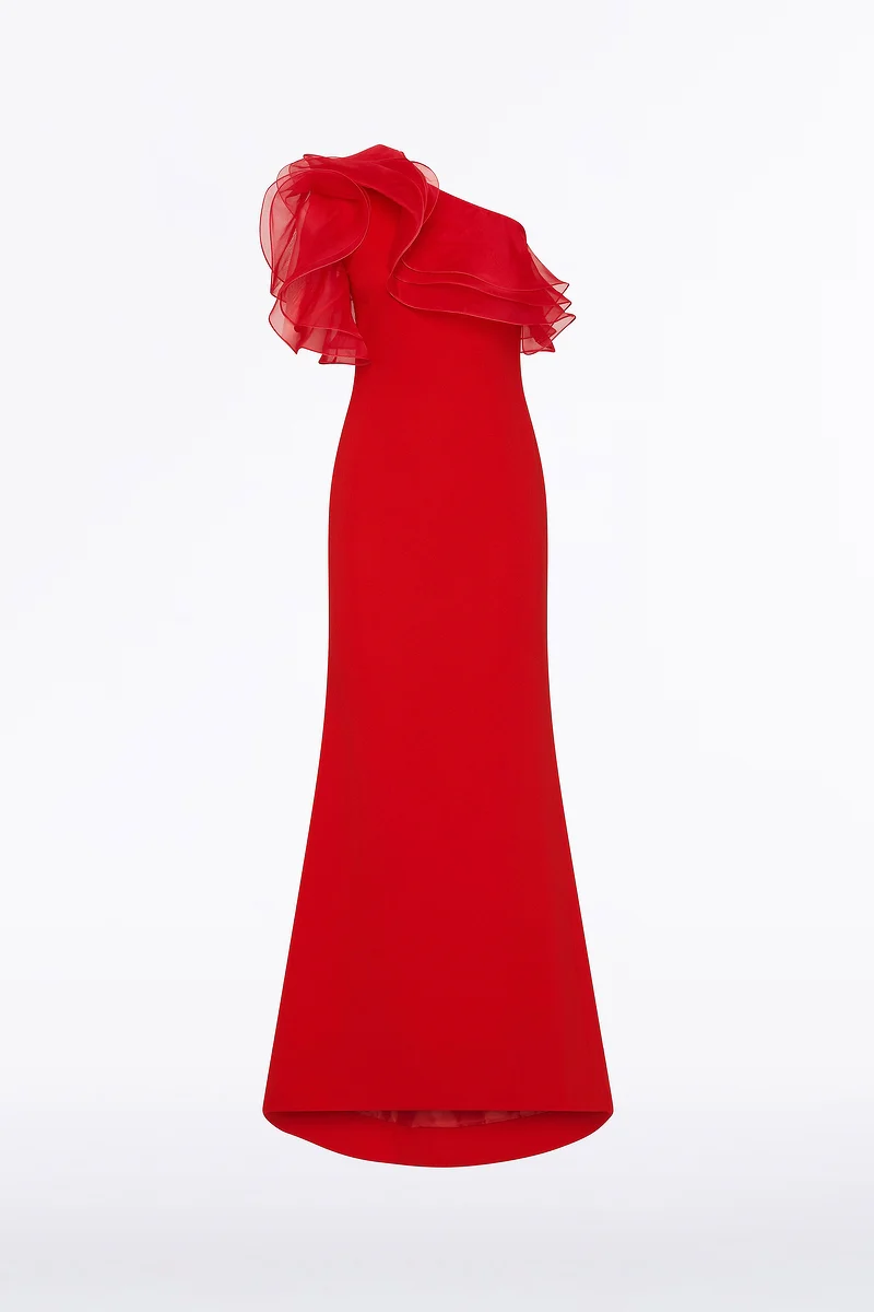 RED CREPE ONE SHOULDER ORGANZA RUFFLE GOWN - Image 5