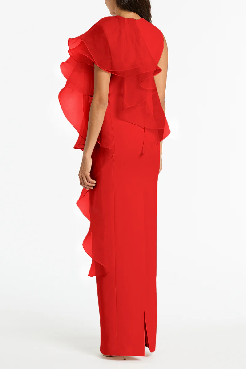 RED CREPE RUFFLE SHOULDER GOWN - Image 2