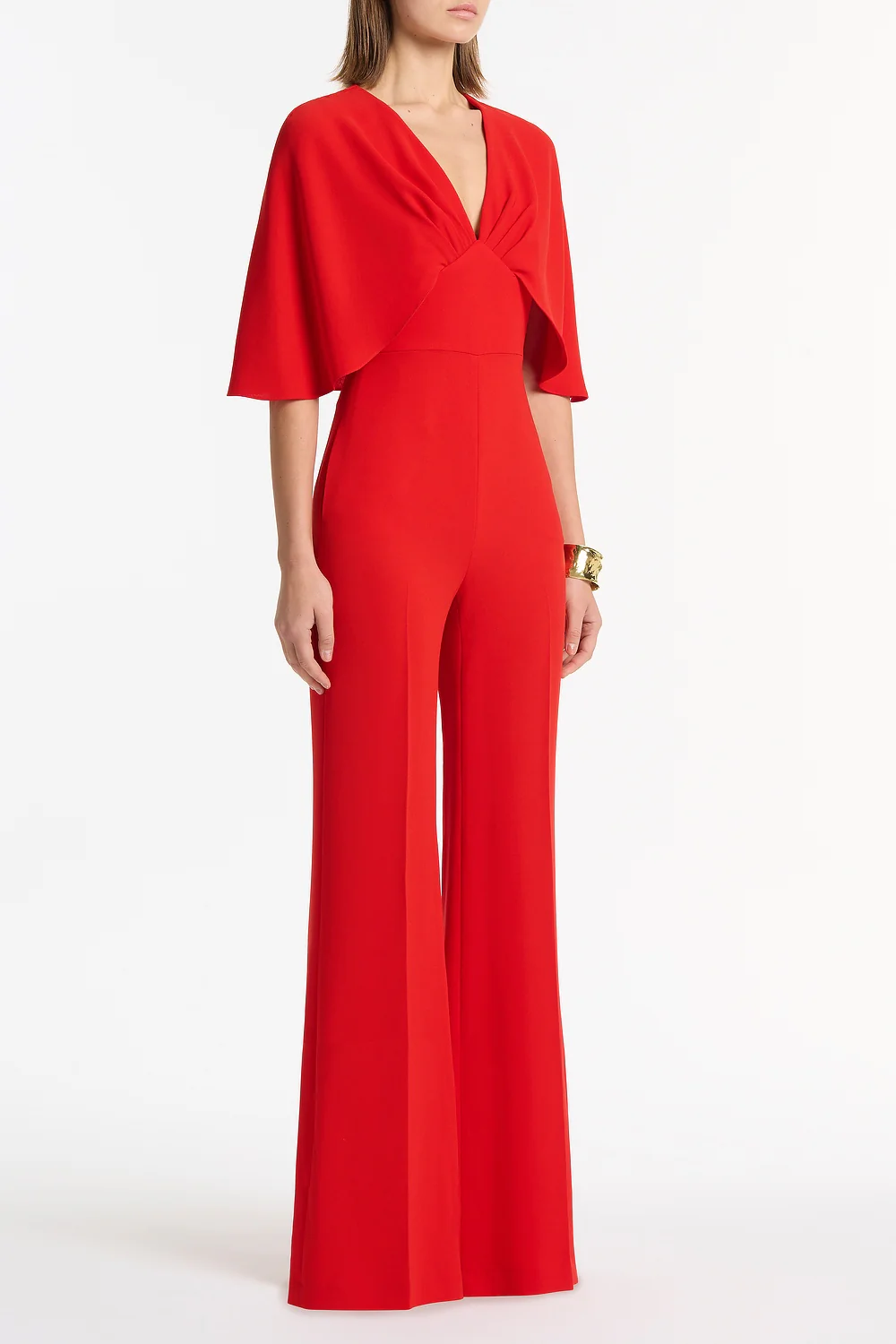RED CREPE TUCK FRONT CAPE JUMPSUIT - Image 2