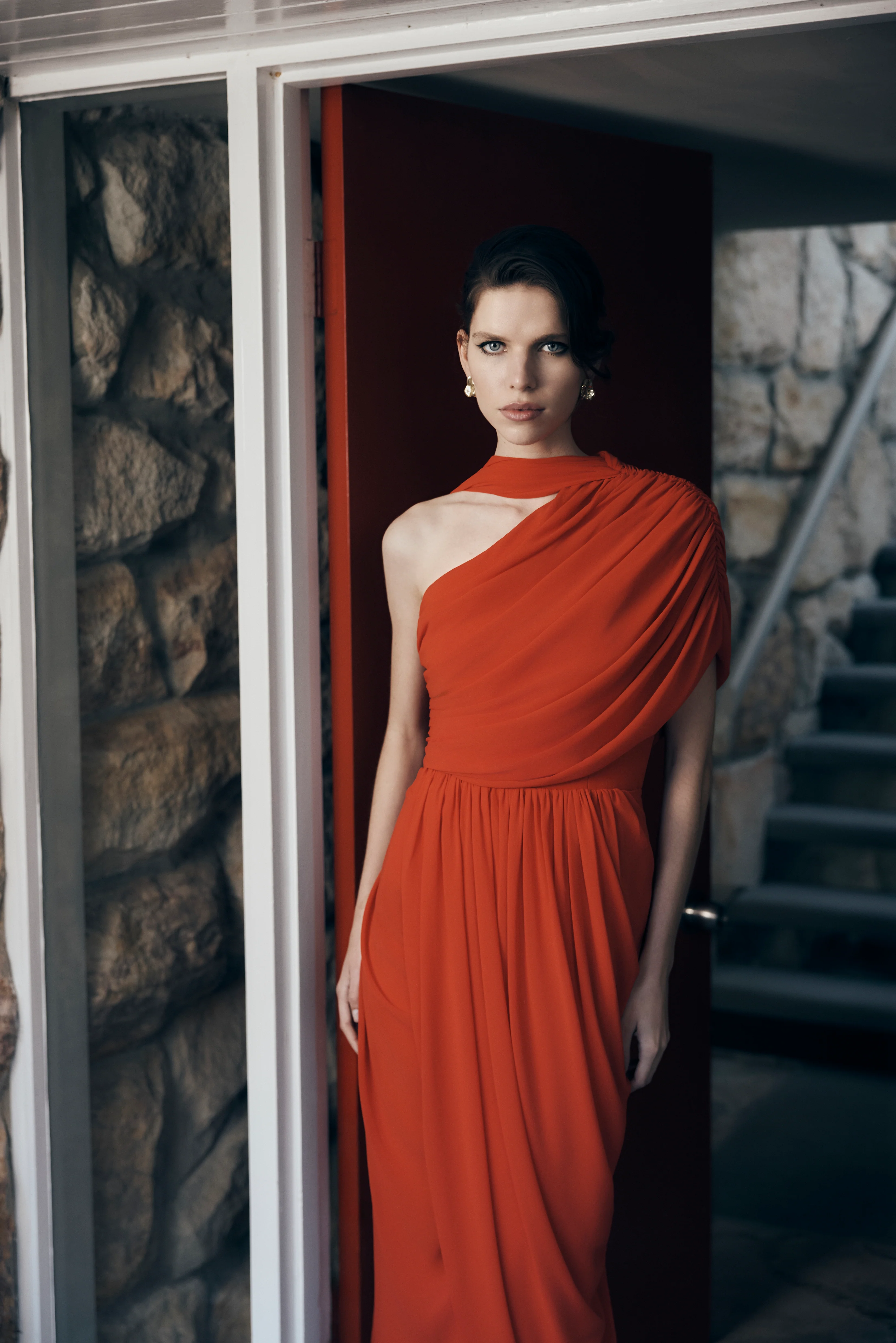 RED GEORGETTE ONE SHOULDER DRAPE TOP - Image 5