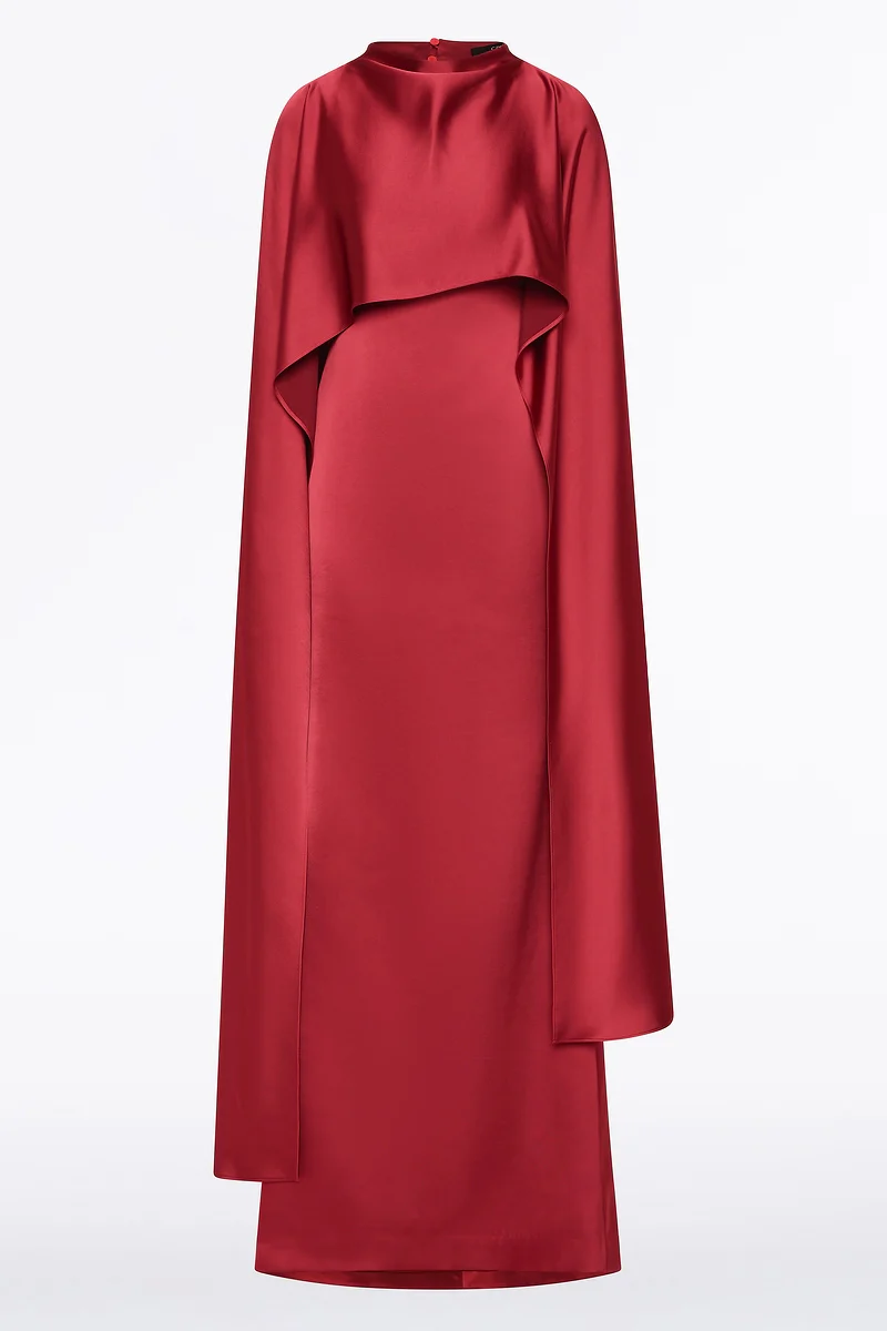 RIO RED SATIN CAPE DRESS - Image 8