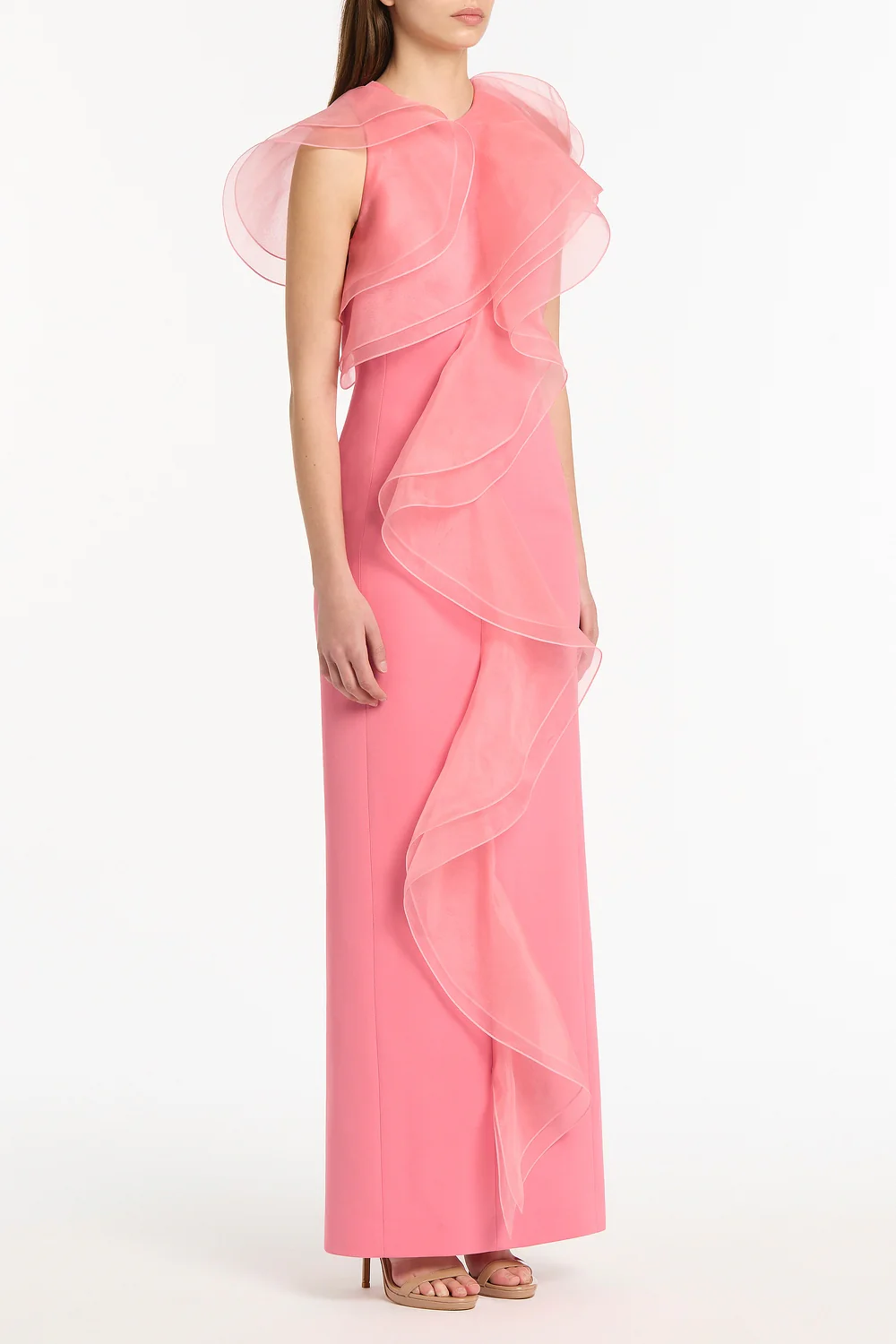 ROSE PINK CREPE RUFFLE FRONT GOWN - Image 2