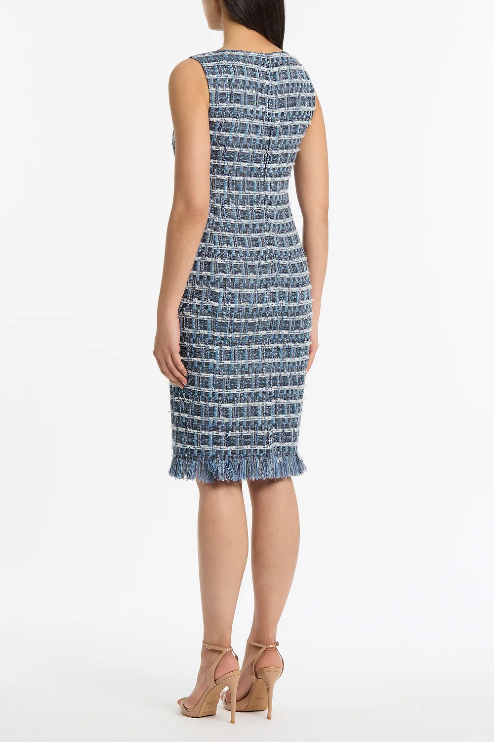 ROYAL METALLIC CHECK TWEED FRINGED SHEATH DRESS - Image 3