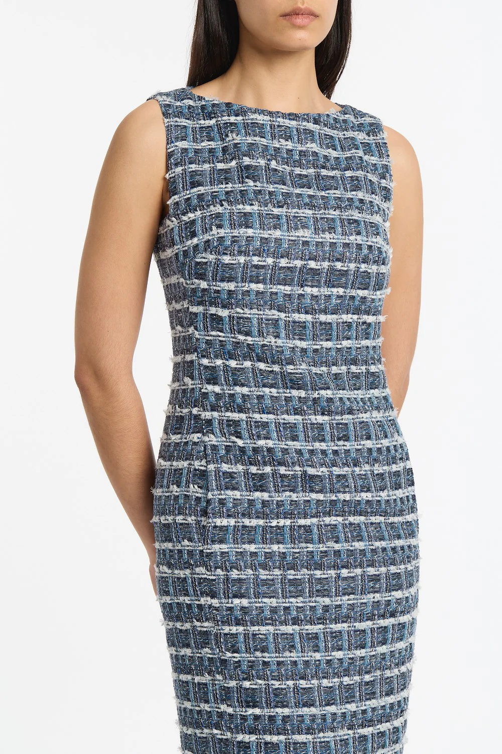 ROYAL METALLIC CHECK TWEED FRINGED SHEATH DRESS - Image 4