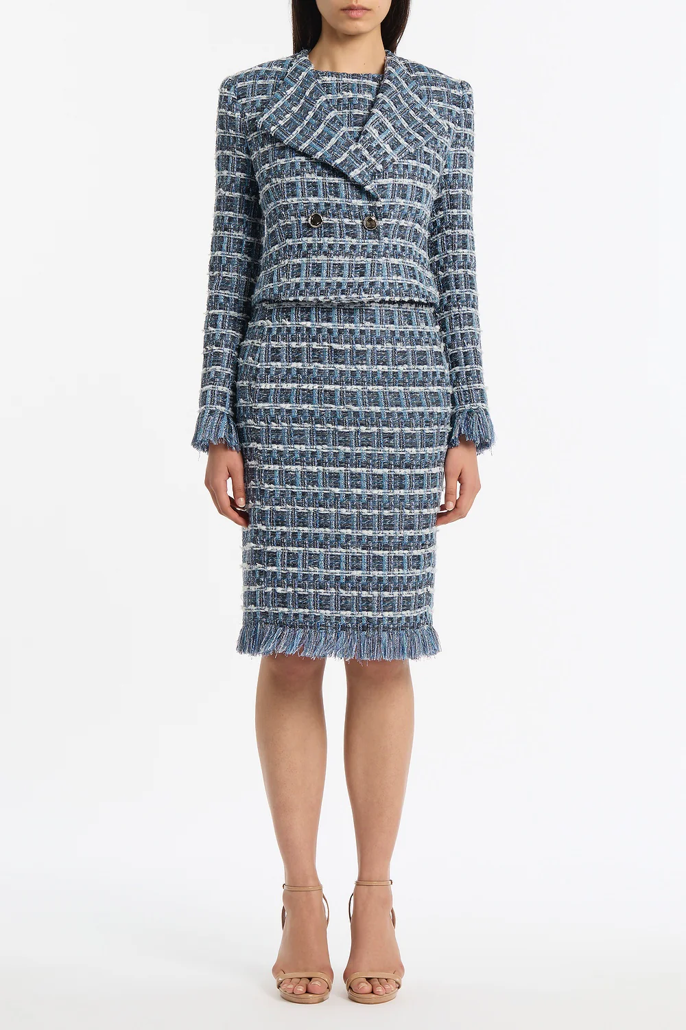 ROYAL METALLIC CHECK TWEED FRINGED SHEATH DRESS - Image 5