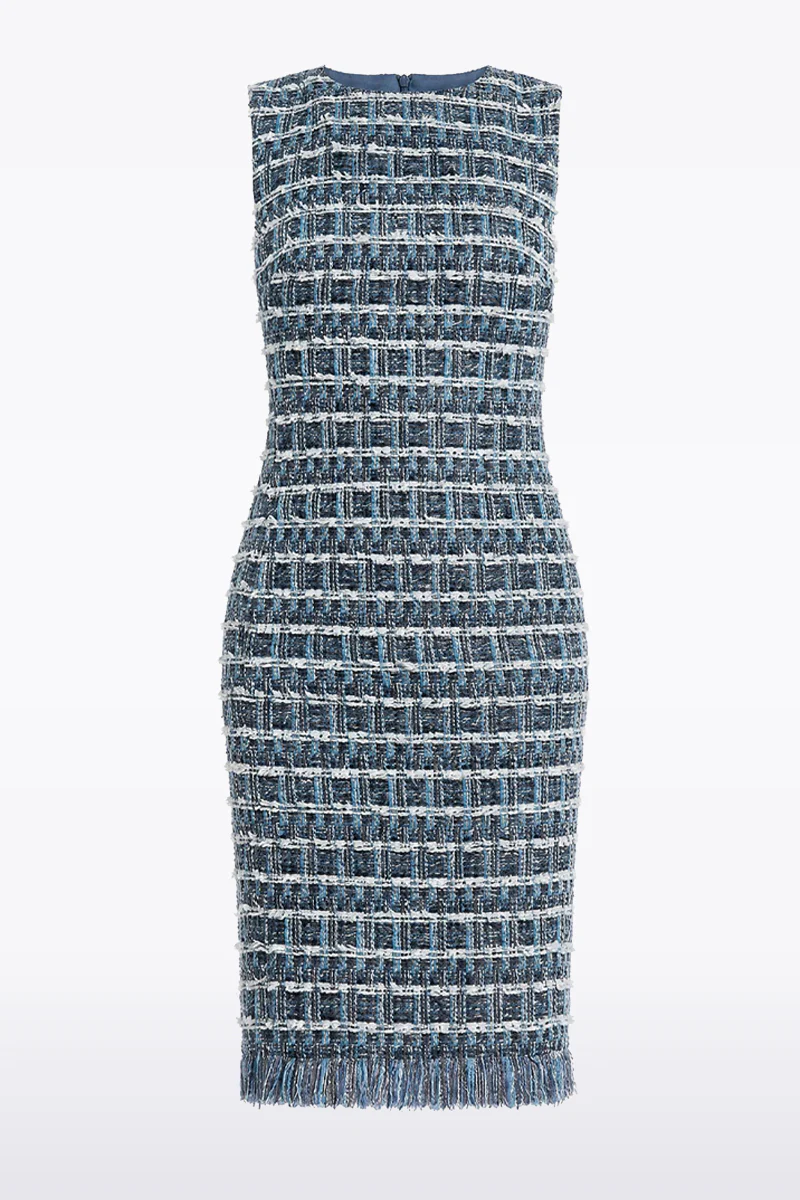 ROYAL METALLIC CHECK TWEED FRINGED SHEATH DRESS - Image 6